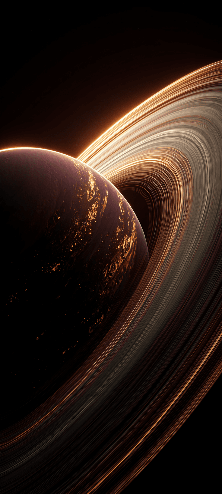 A close-up cinematic shot of a dark volcanic gas giant planet with glowing orange lava veins and bright, highly detailed golden planetary rings against a black space background.