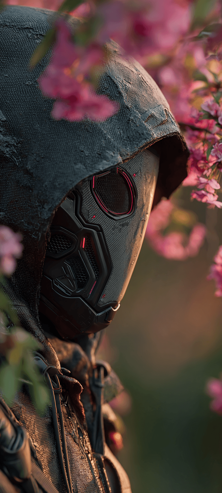 A hooded figure in a dark outfit with glowing red eyes stands among pink cherry blossoms.