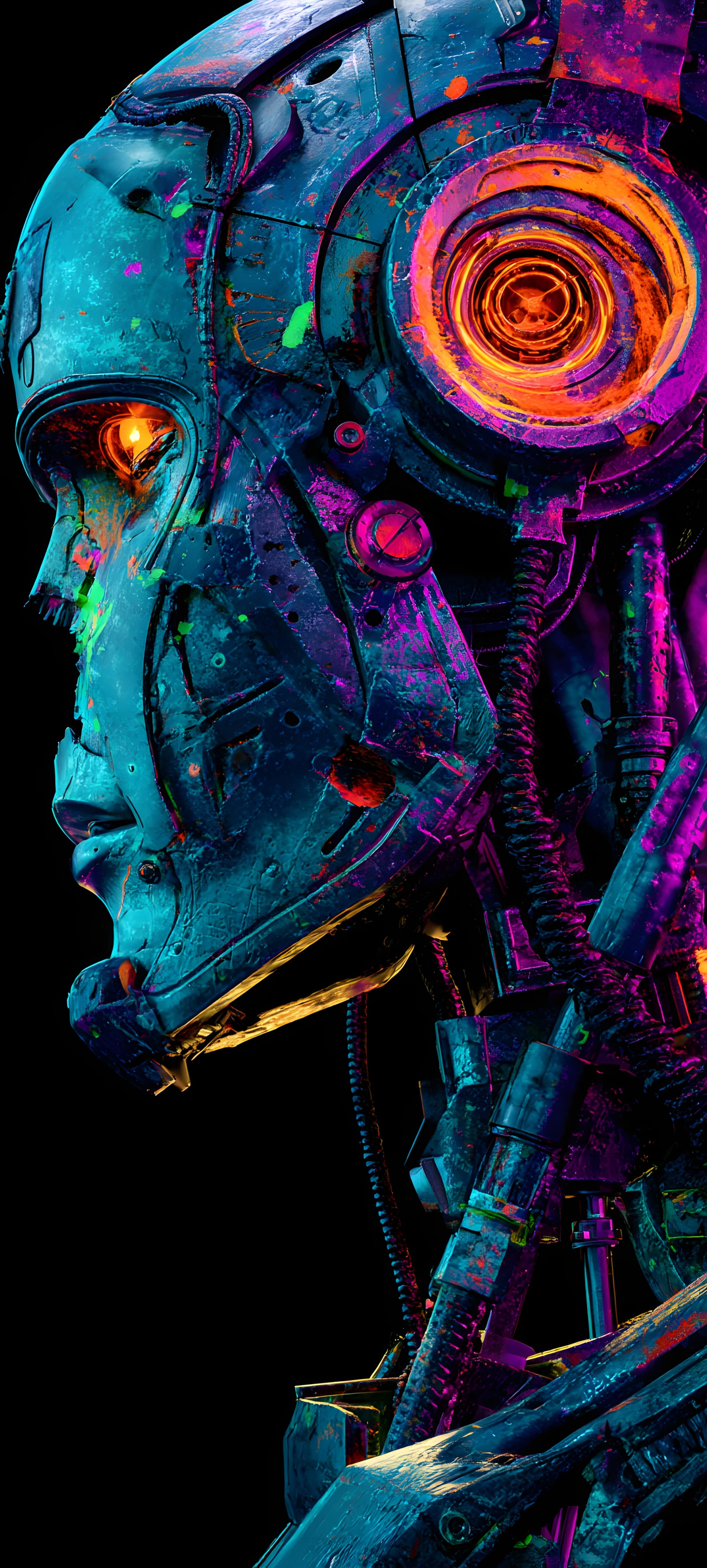Cyberpunk robot head with neon lights and intricate mechanical details