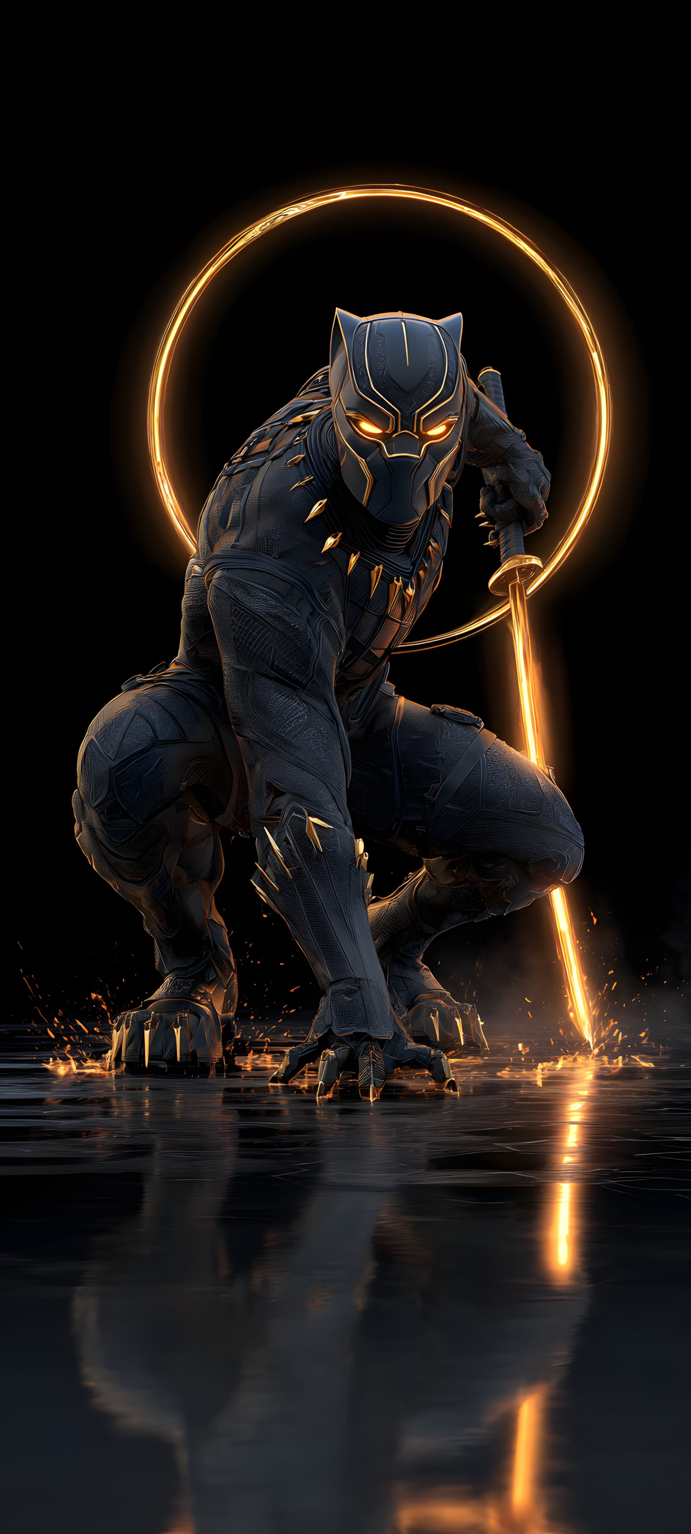 A cyberpunk cat warrior with glowing neon energy ring, set against a dark background.