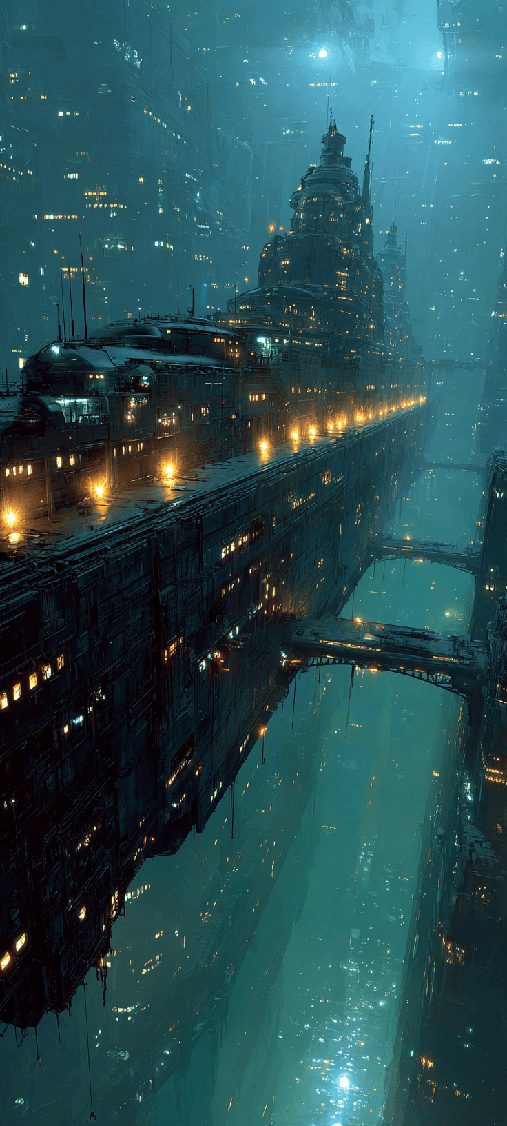 A futuristic cityscape at night with neon lights and reflections on a river, digital art style.