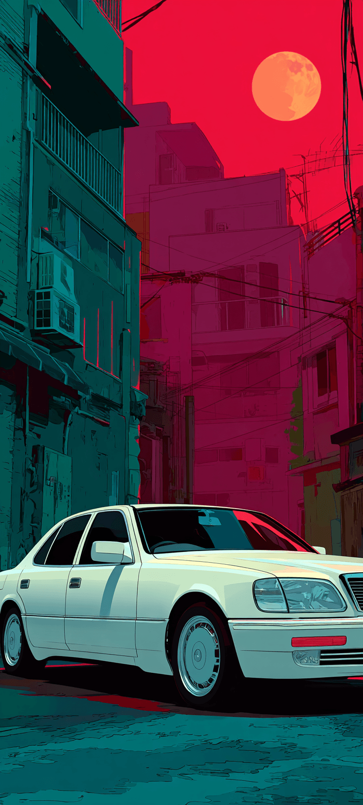 A neon-lit street scene with a white car parked under a pink moon, surrounded by tall buildings and power lines.