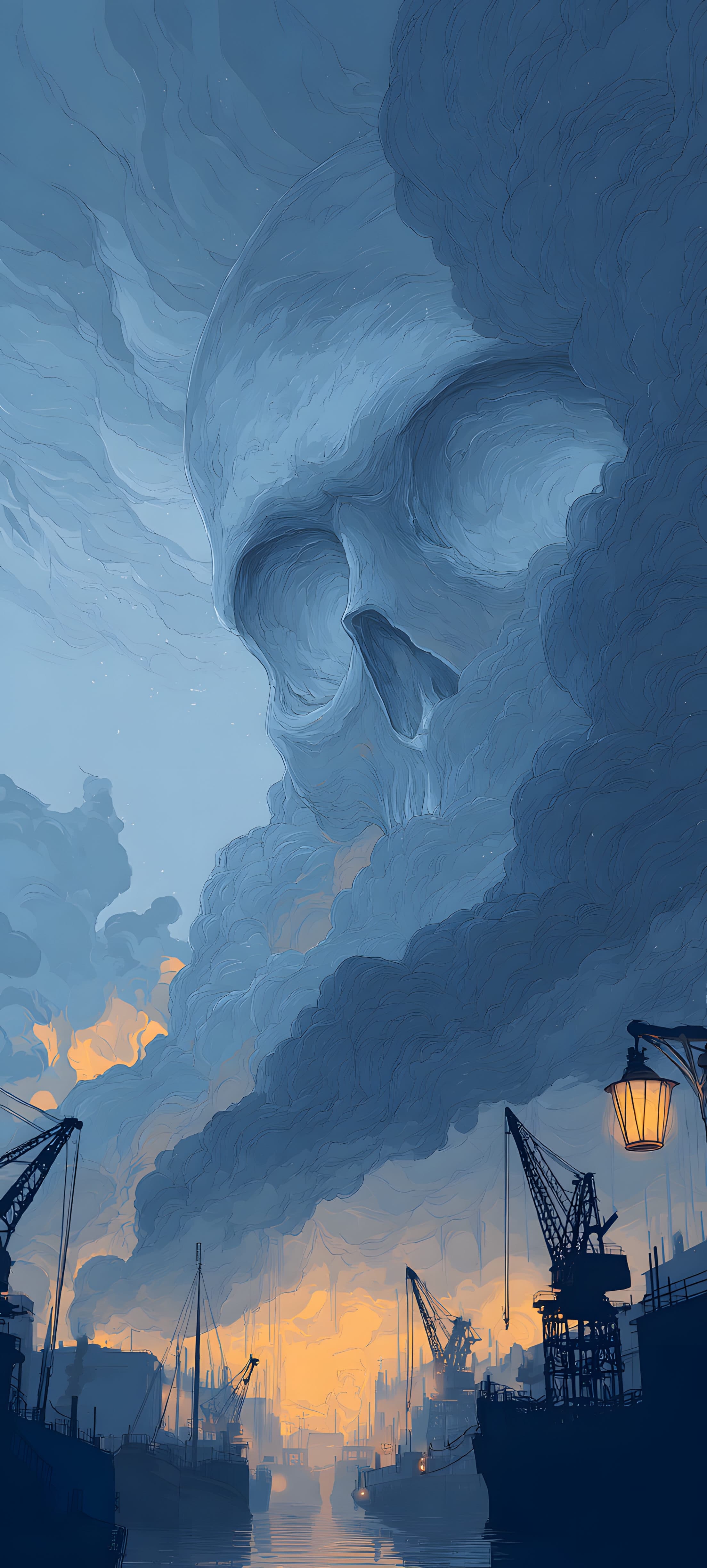A dark blue industrial skyline with a skull motif under a dramatic sky, digital art wallpaper.