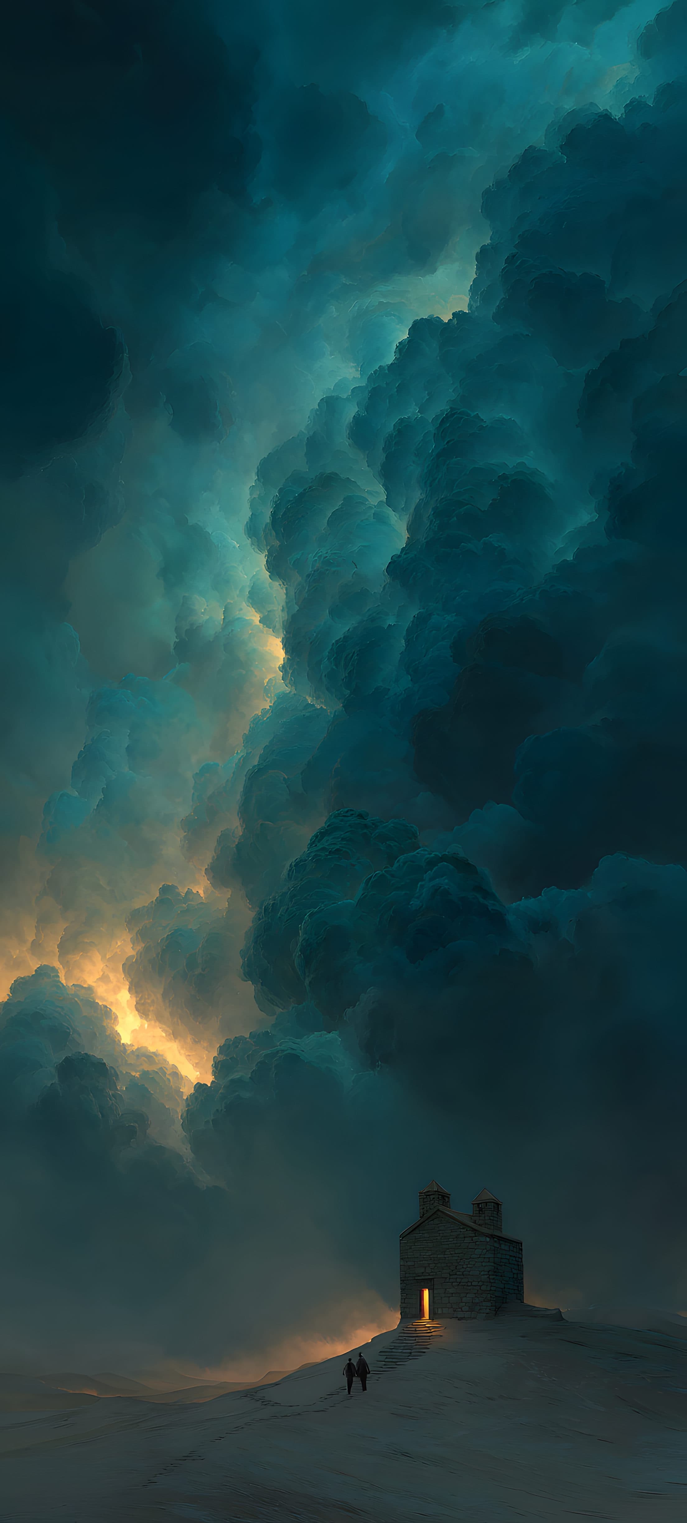 A dramatic stormy sky with dark clouds and a lone illuminated castle silhouette on a sandy hill.