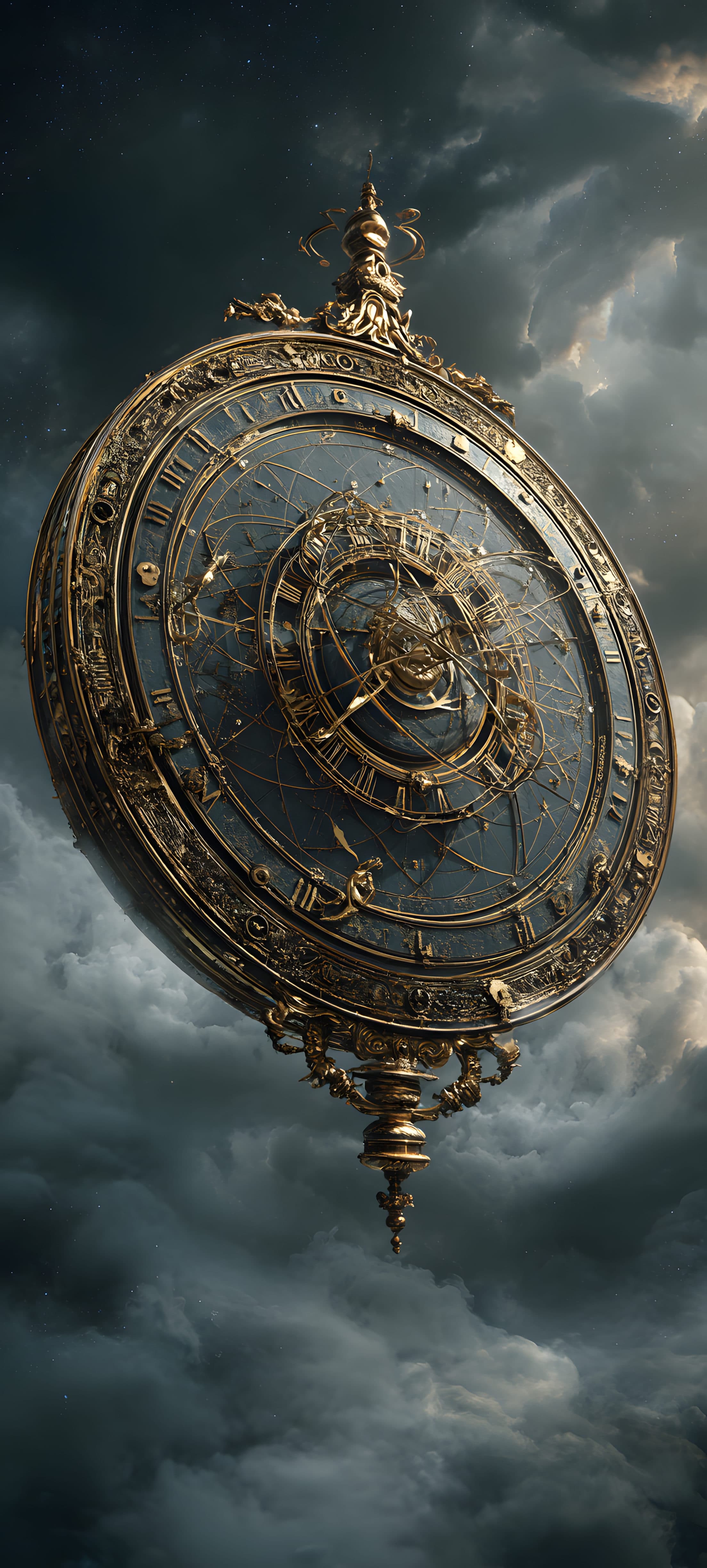 Ornate celestial clock floating in dark stormy skies with intricate golden details and a mystical atmosphere.