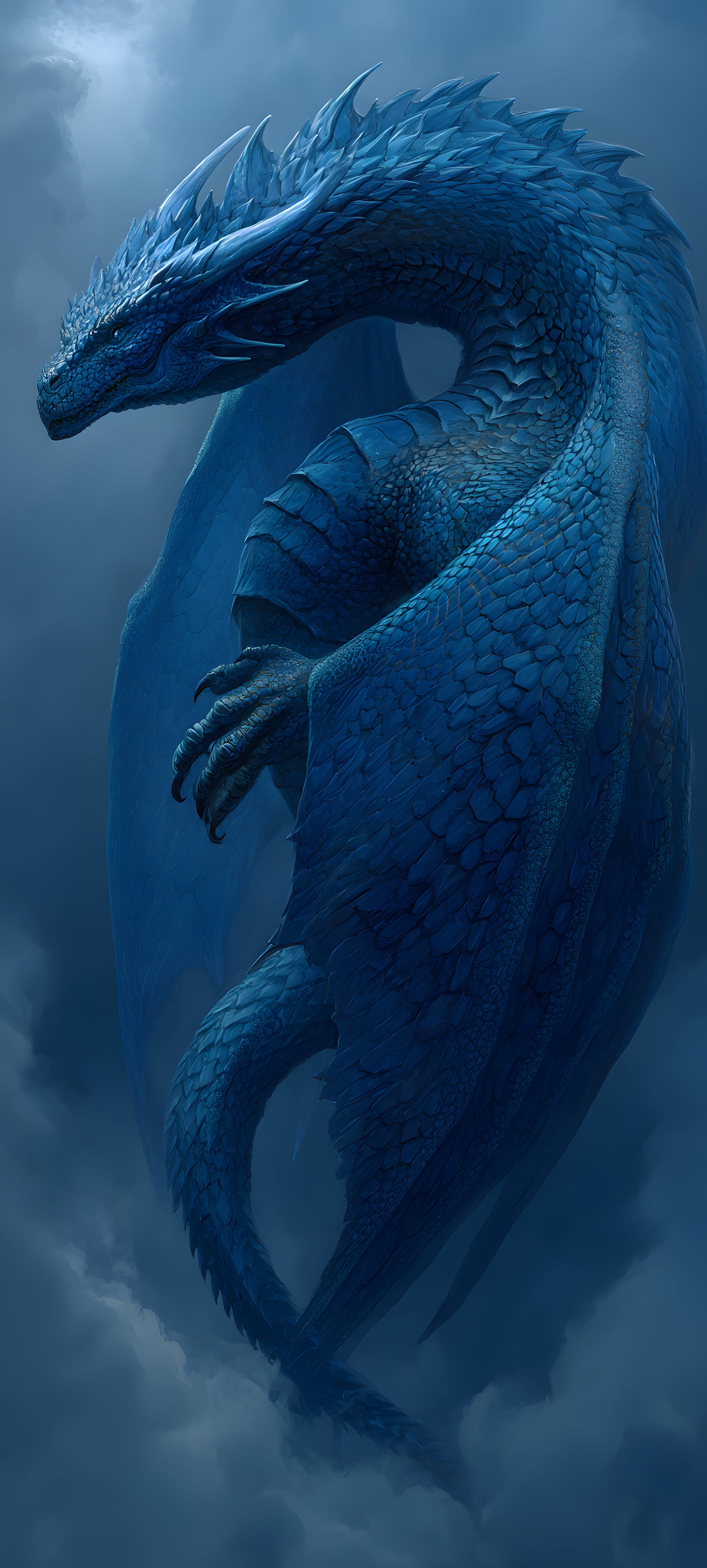 A majestic blue dragon with intricate scales flying through a stormy sky in a digital art style.
