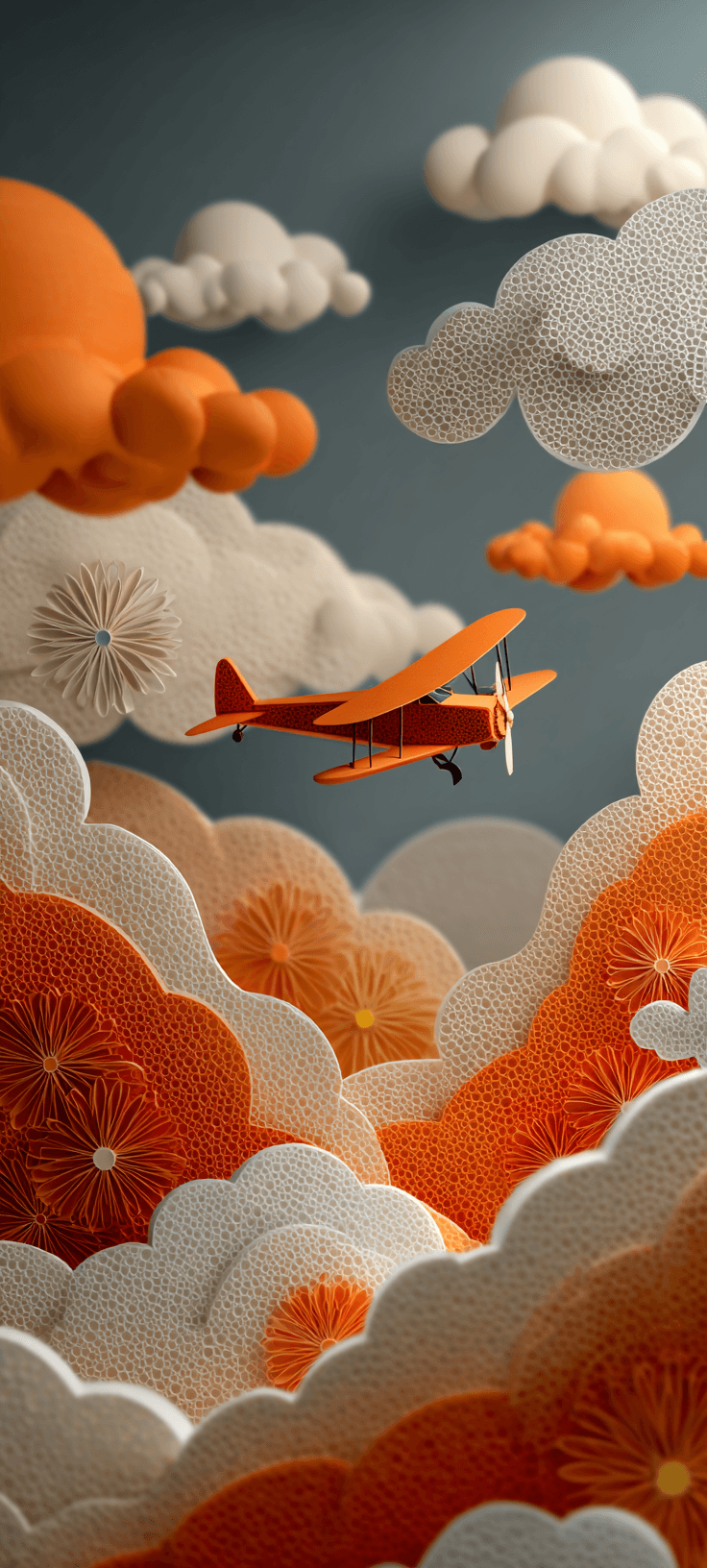 An orange airplane flying through a sky with orange and white clouds, creating a whimsical and vibrant digital art scene.