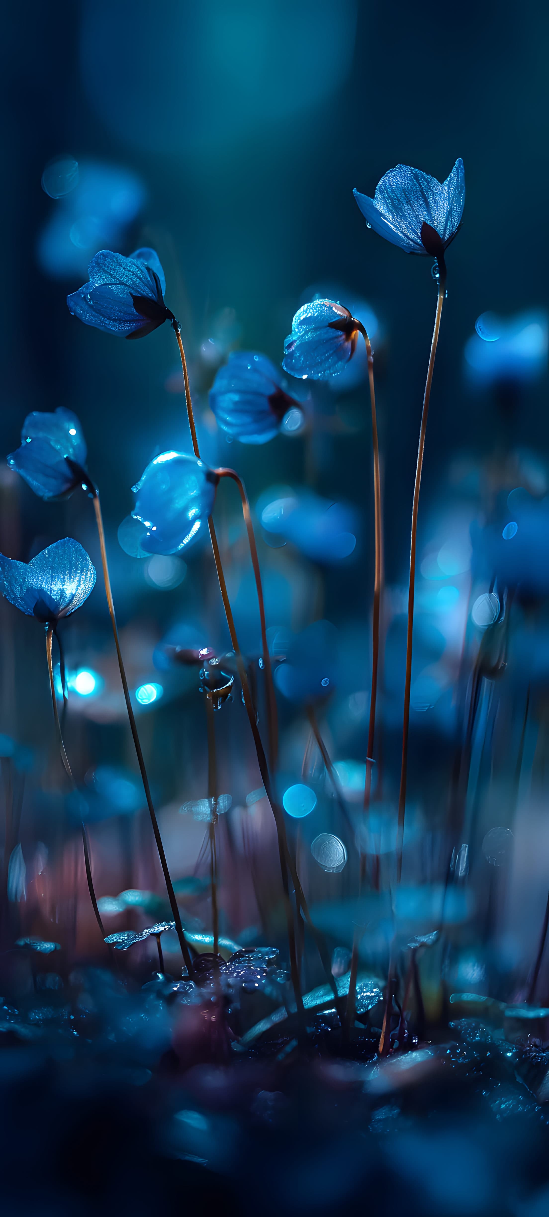 Ethereal blue flowers glowing softly in a mystical night garden, digital art mobile wallpaper