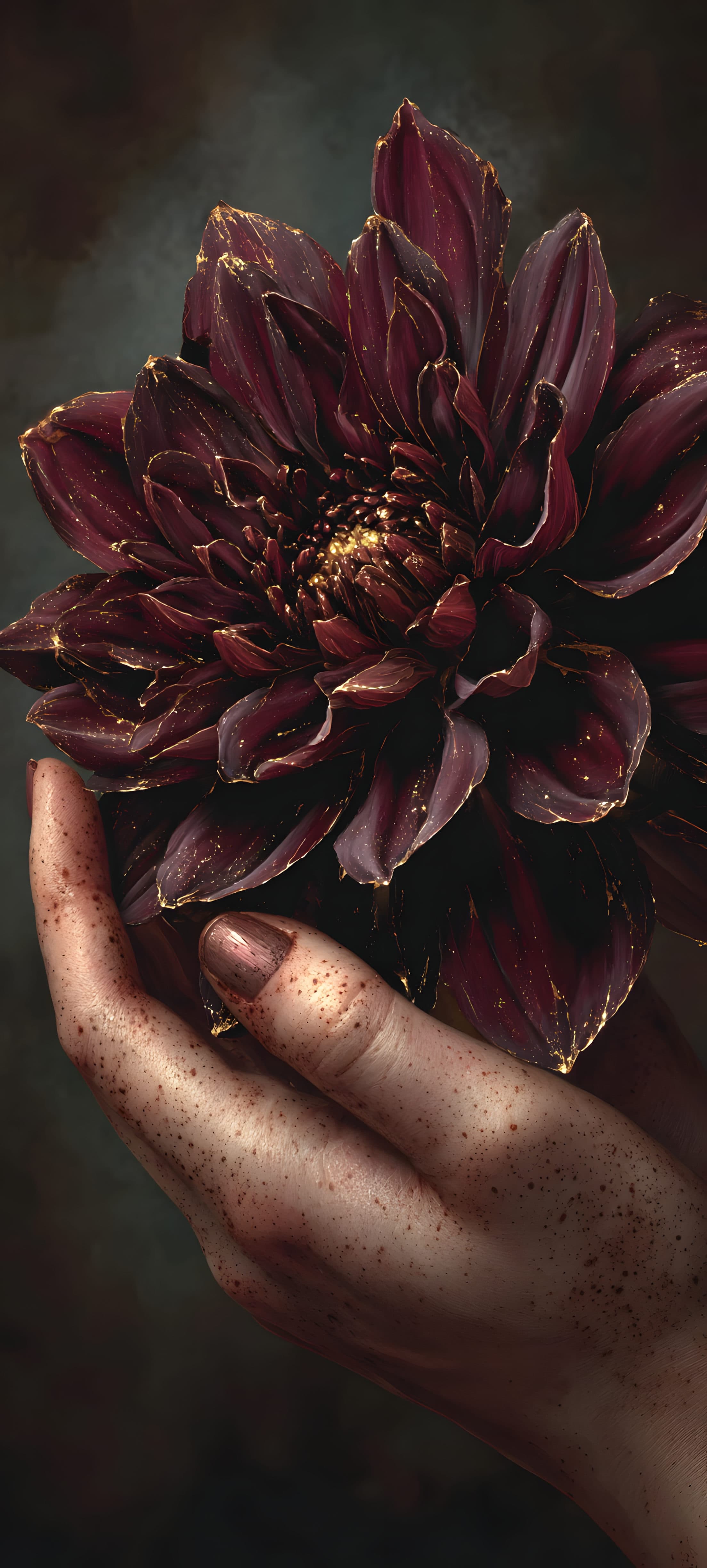 A dark red floral bloom with gold dust on a muted background, creating a moody and elegant aesthetic.