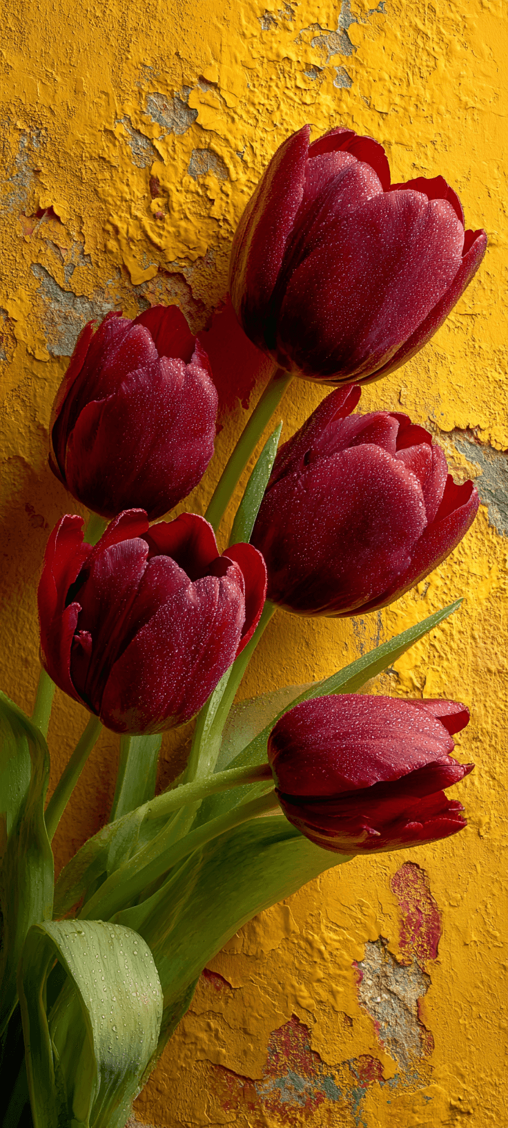 Vibrant red tulips with green stems against a textured yellow wall, digital photography mobile wallpaper