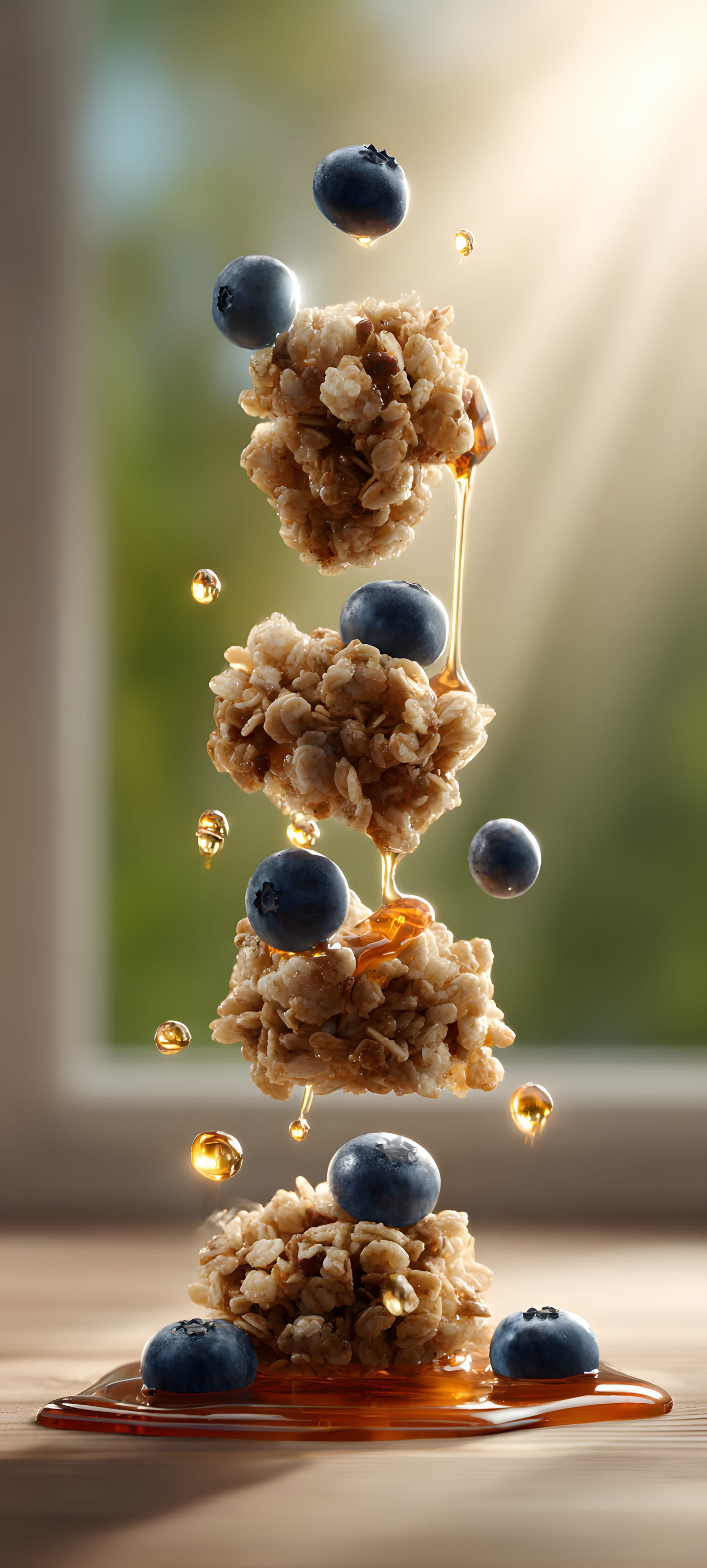 Cascading oatmeal and blueberries with soft natural lighting in a minimalist food photography style.