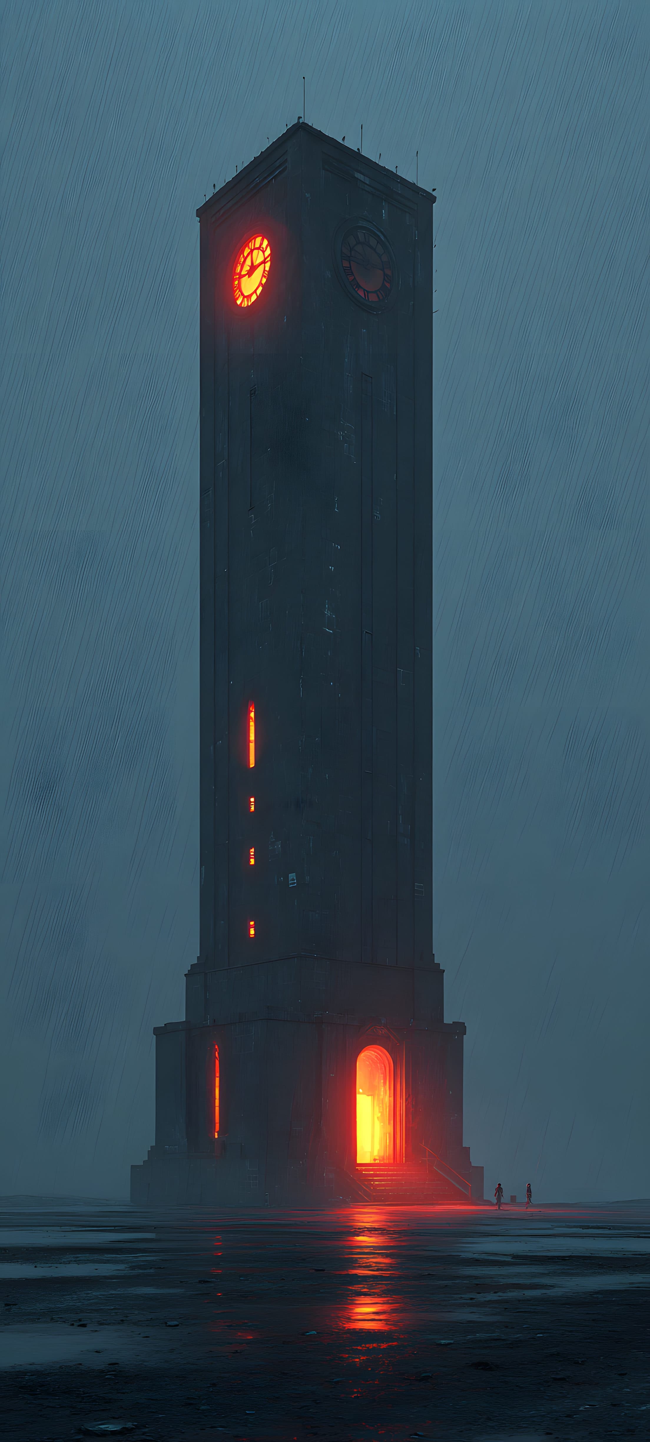 A tall tower with glowing neon lights against a dark, misty sky, creating a futuristic and atmospheric scene.