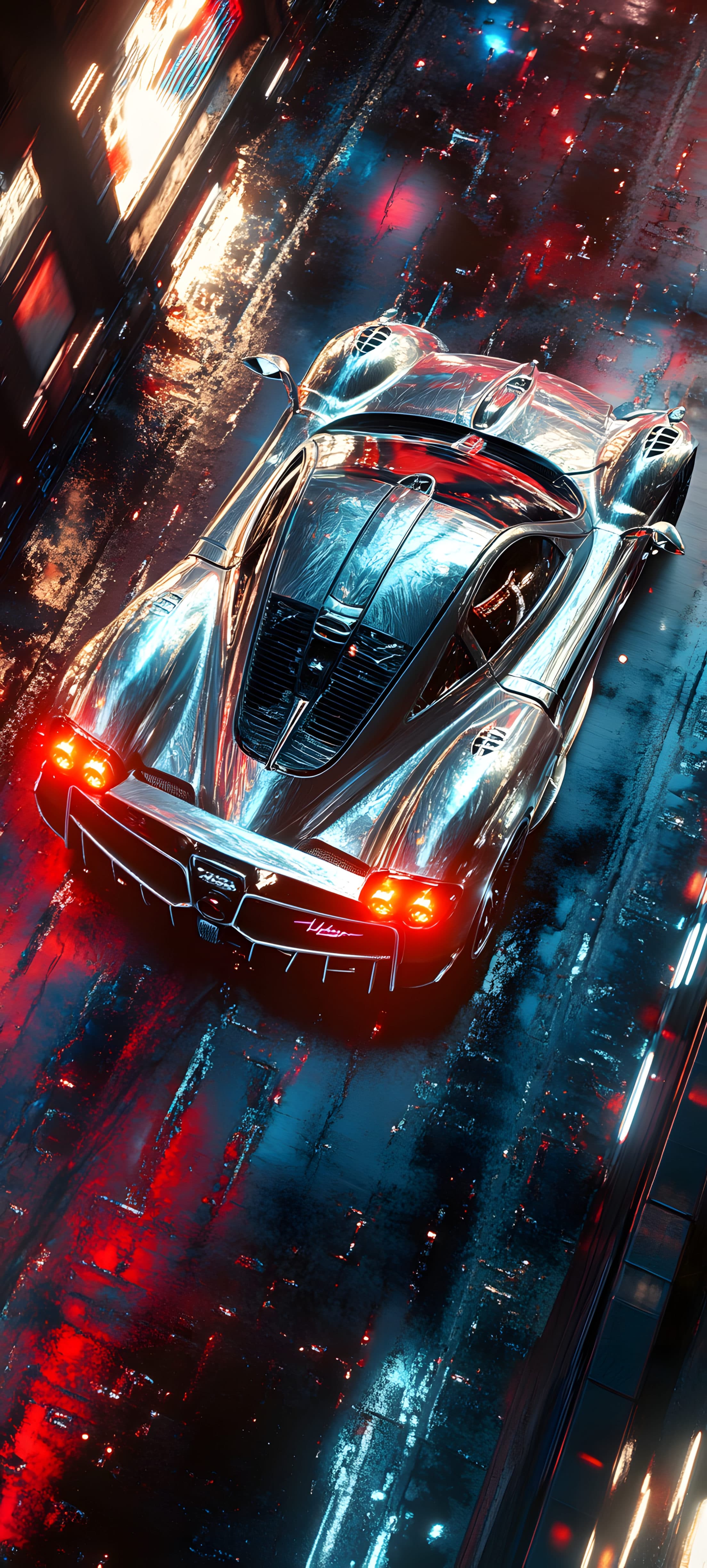 A futuristic sports car driving through a neon-lit cityscape at night, reflecting vibrant red and blue lights on wet streets.