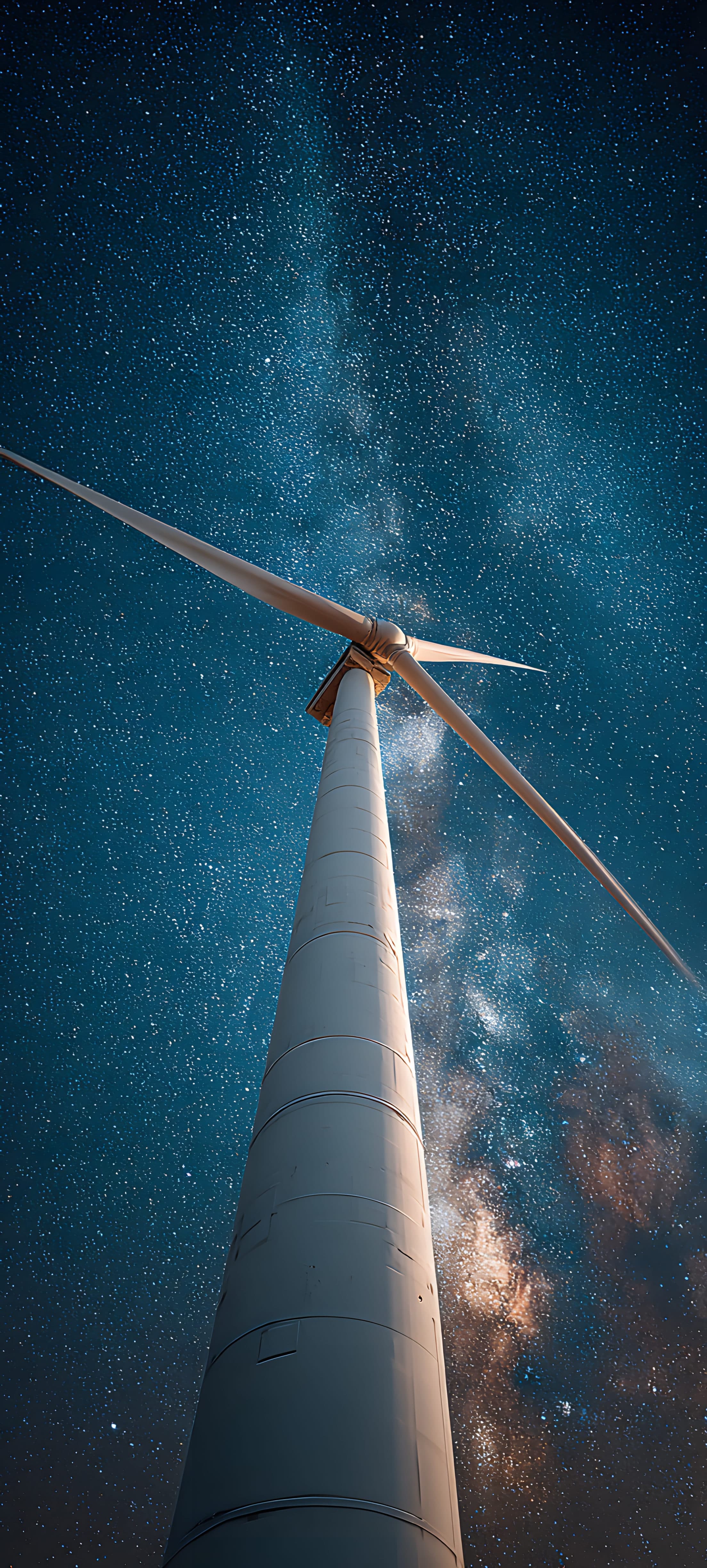 A wind turbine stands tall against a starry night sky, showcasing the beauty of renewable energy and the cosmos.
