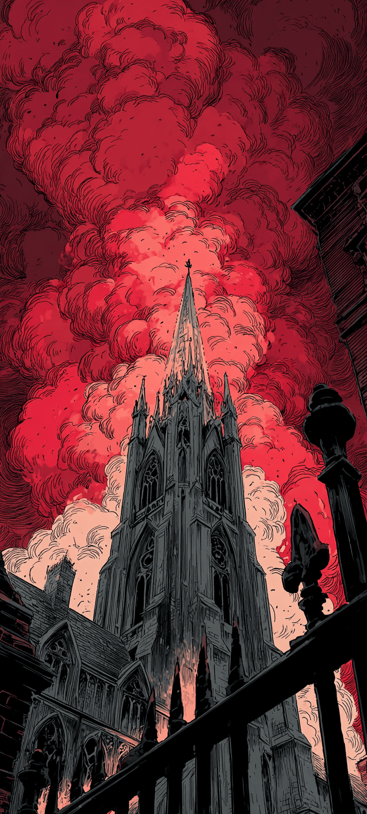 Gothic cathedral silhouette against a dramatic crimson sky, dark architecture with intricate details, digital art style