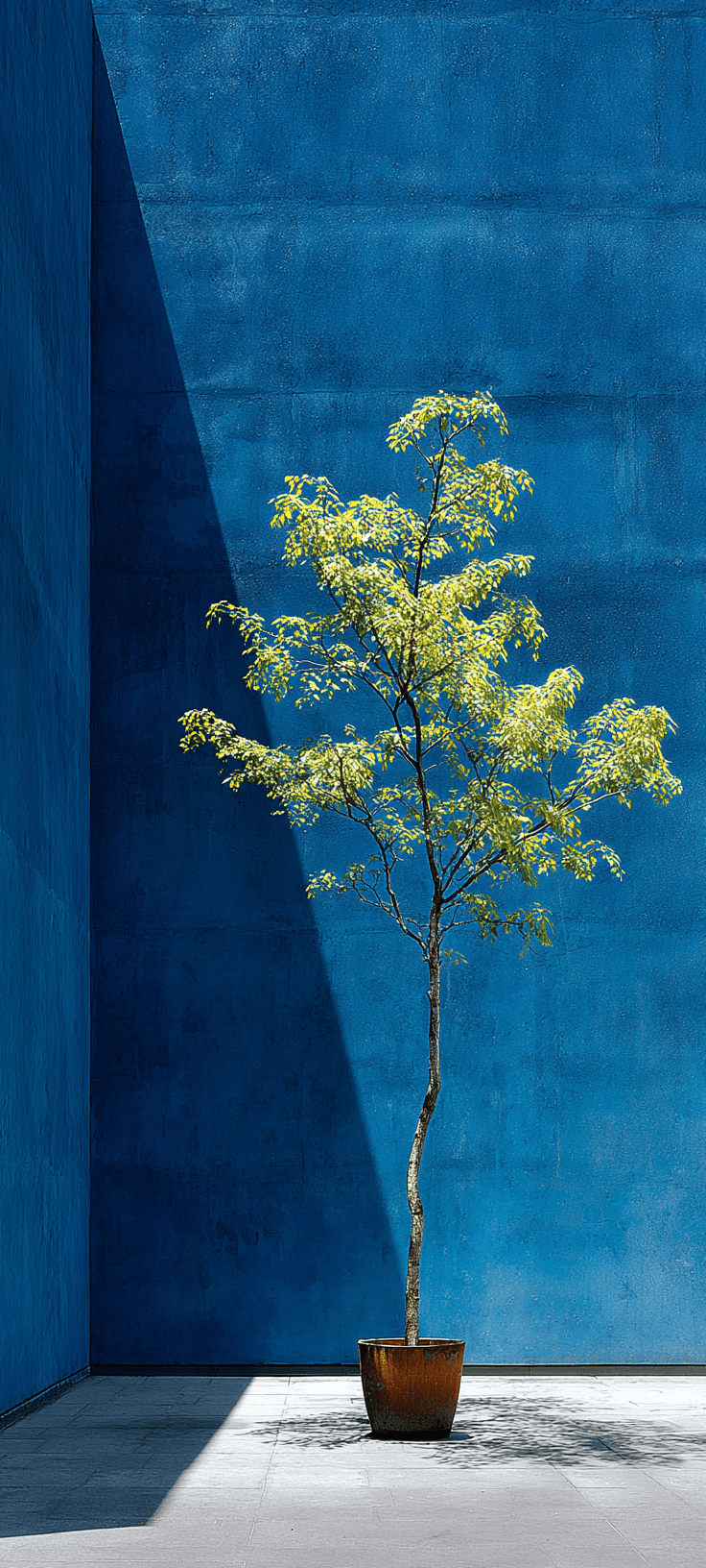 A minimalist blue tree in a striking blue wall setting, creating a serene and modern aesthetic.