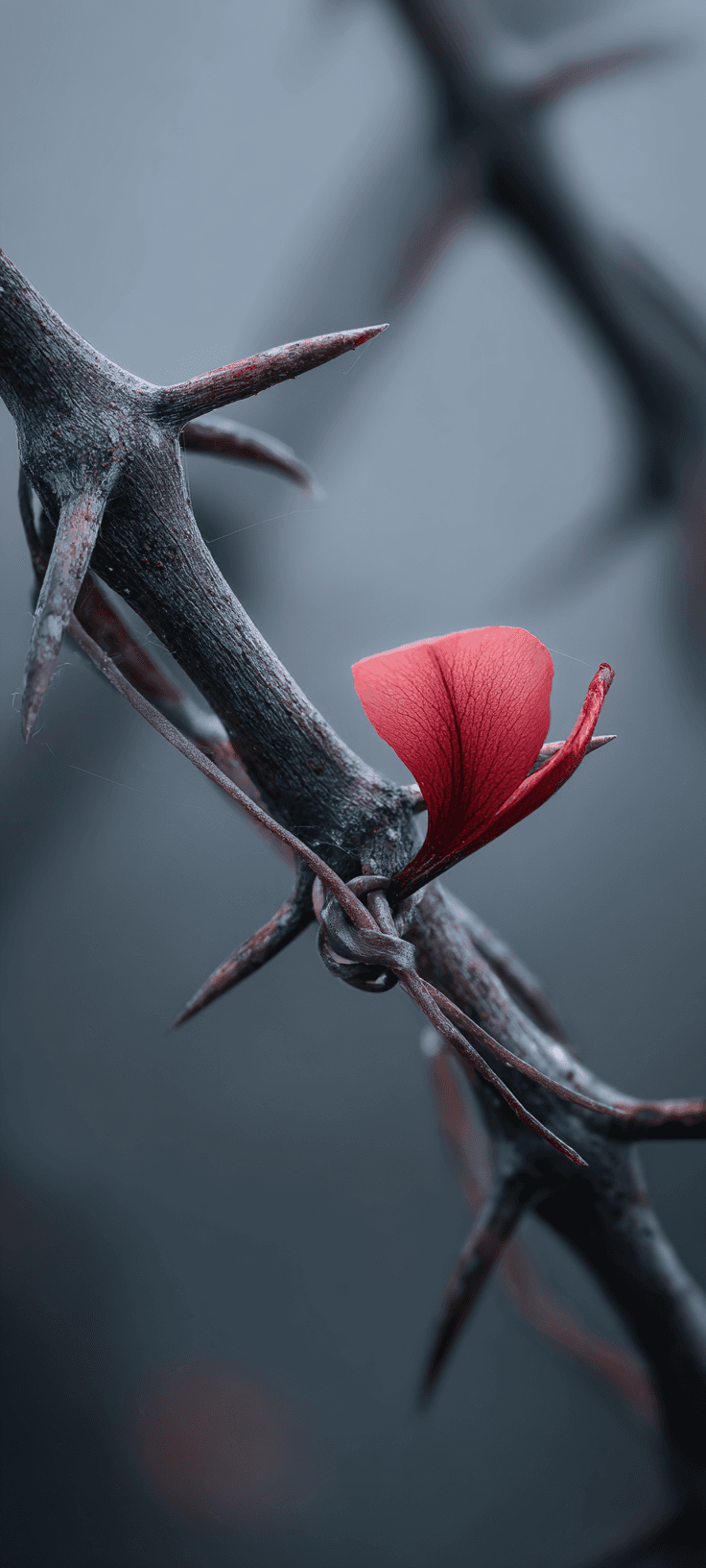 Minimalist macro of dark thorny branch with single bright red petal, moody dark aesthetic mobile wallpaper