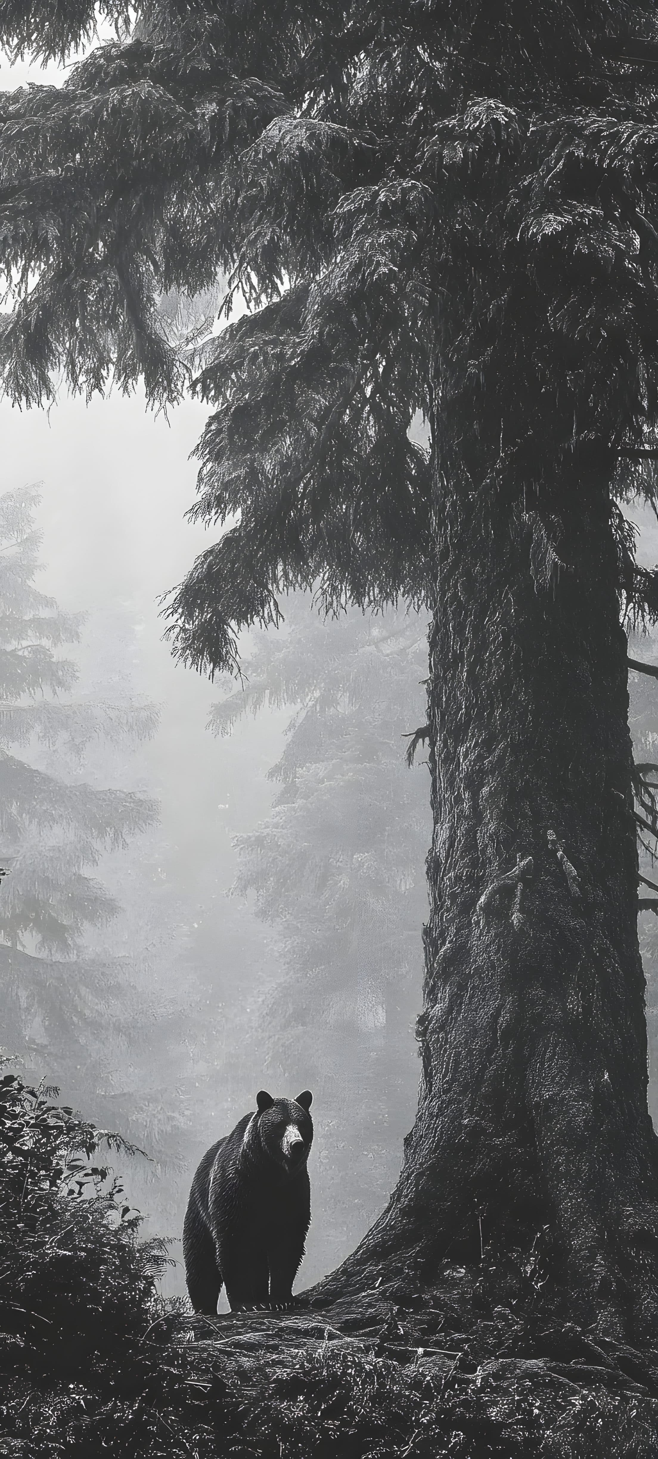 A black and white 4K wallpaper of a bear in a misty forest, with towering trees and a mysterious atmosphere.