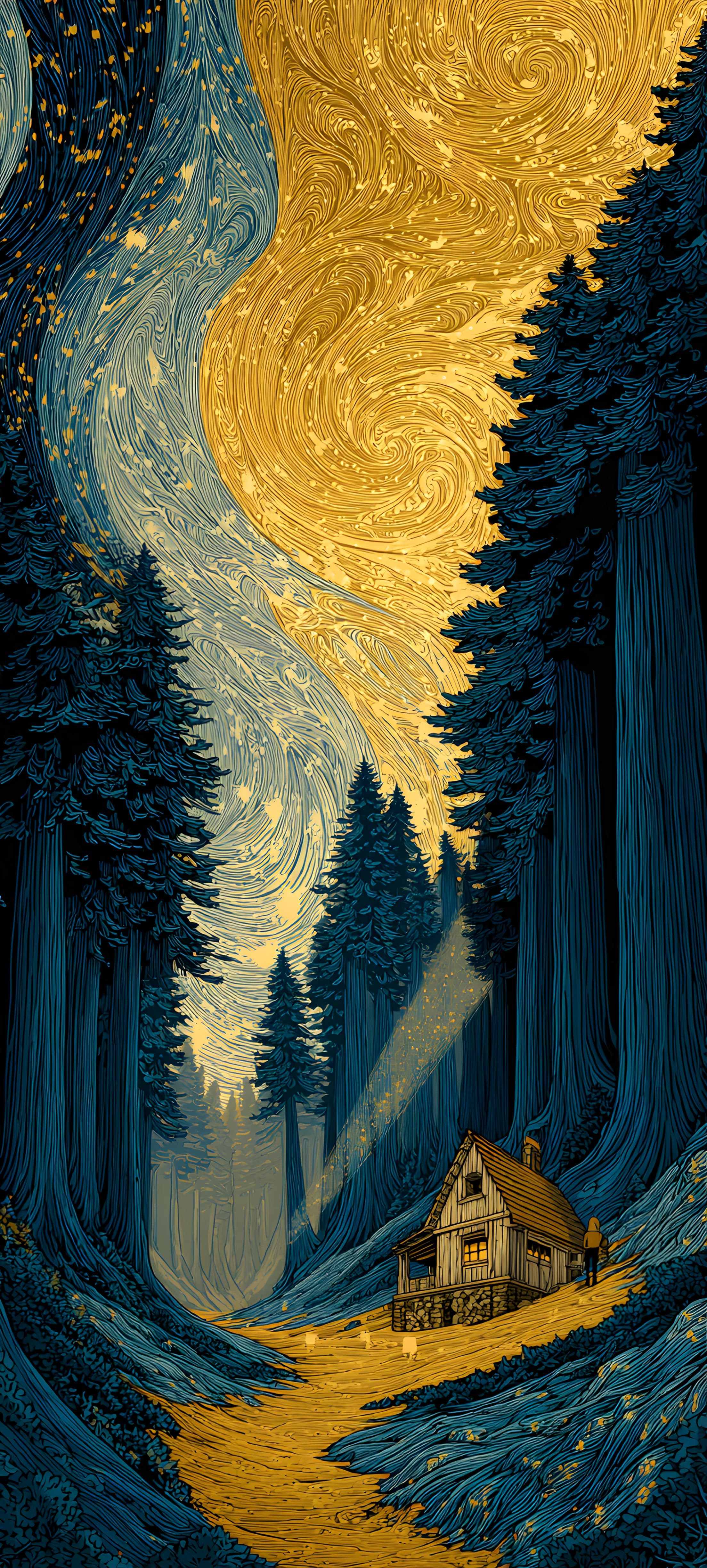 A digital art depiction of a mystical forest with a small cabin and a winding path, illuminated by a golden sky.