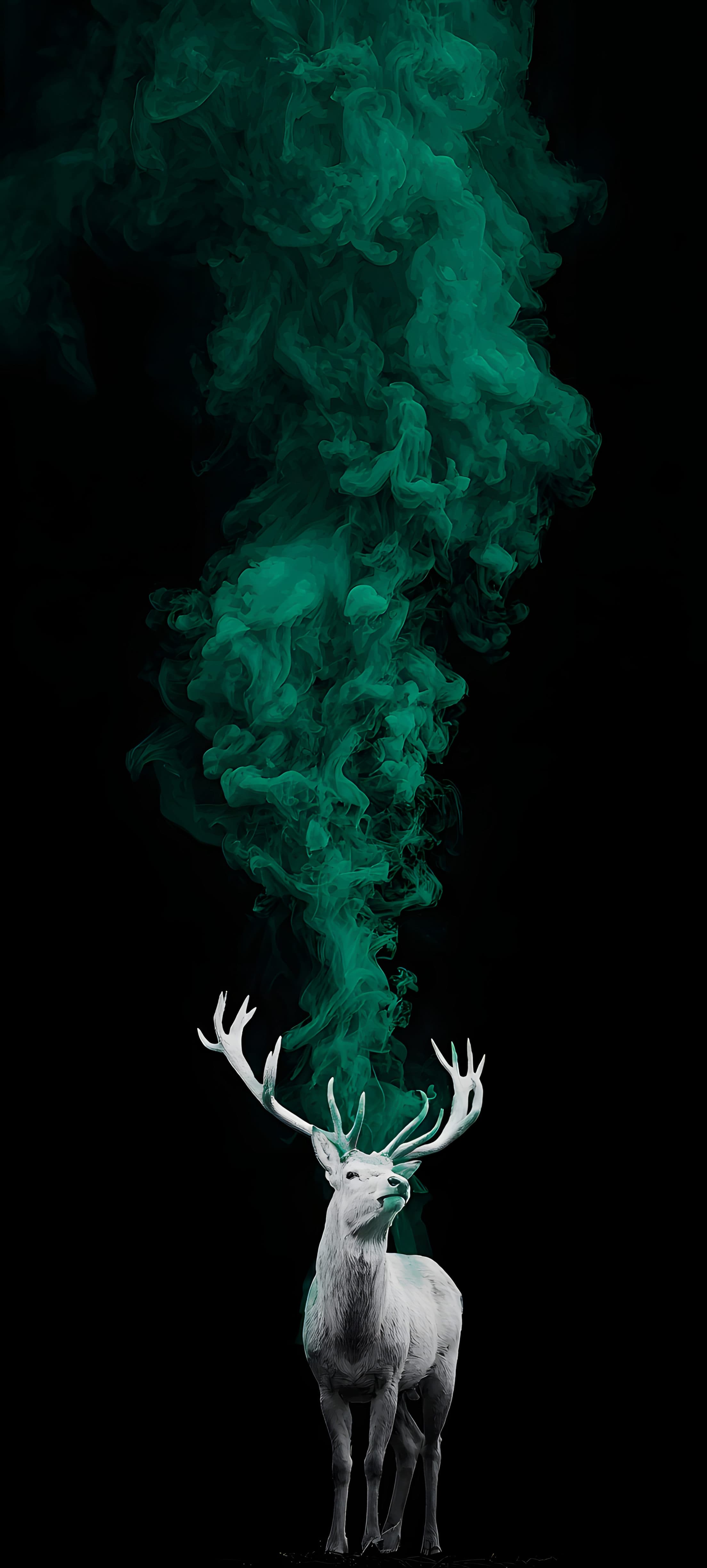 A majestic deer stands amidst swirling green smoke against a black background in a mystical digital art style.