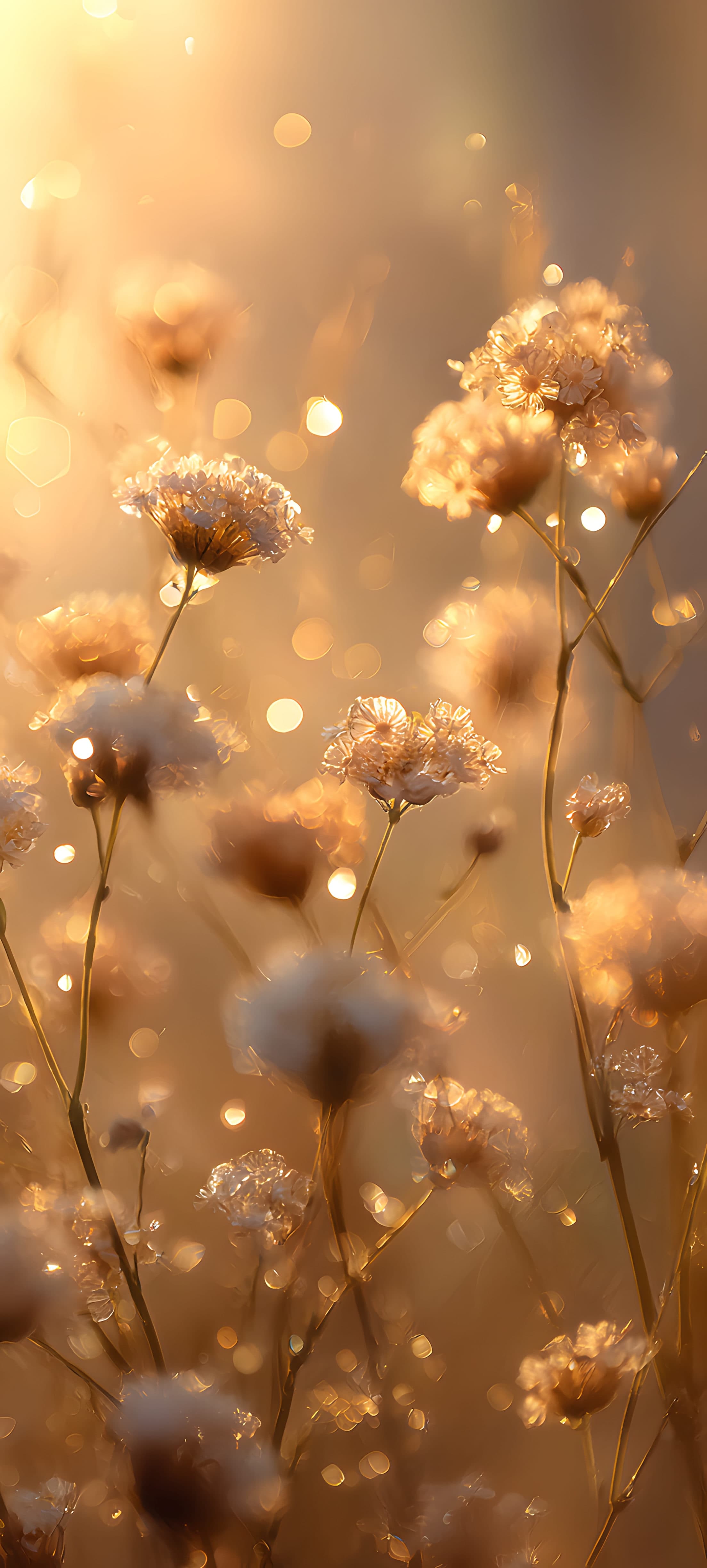 A field of fluffy dandelions illuminated by warm golden sunlight, creating a serene and peaceful atmosphere.