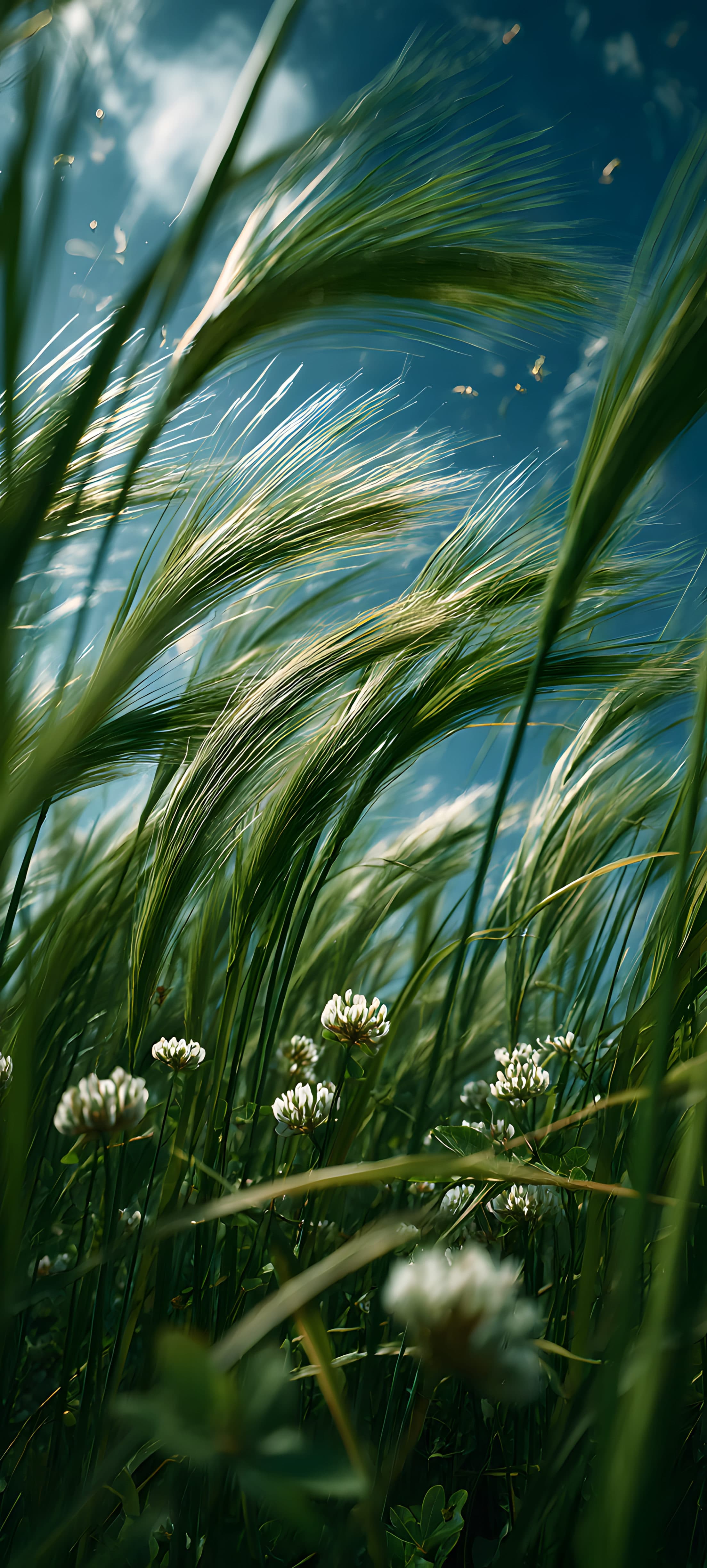 Golden wheat field with tall grasses under a blue sky with scattered clouds