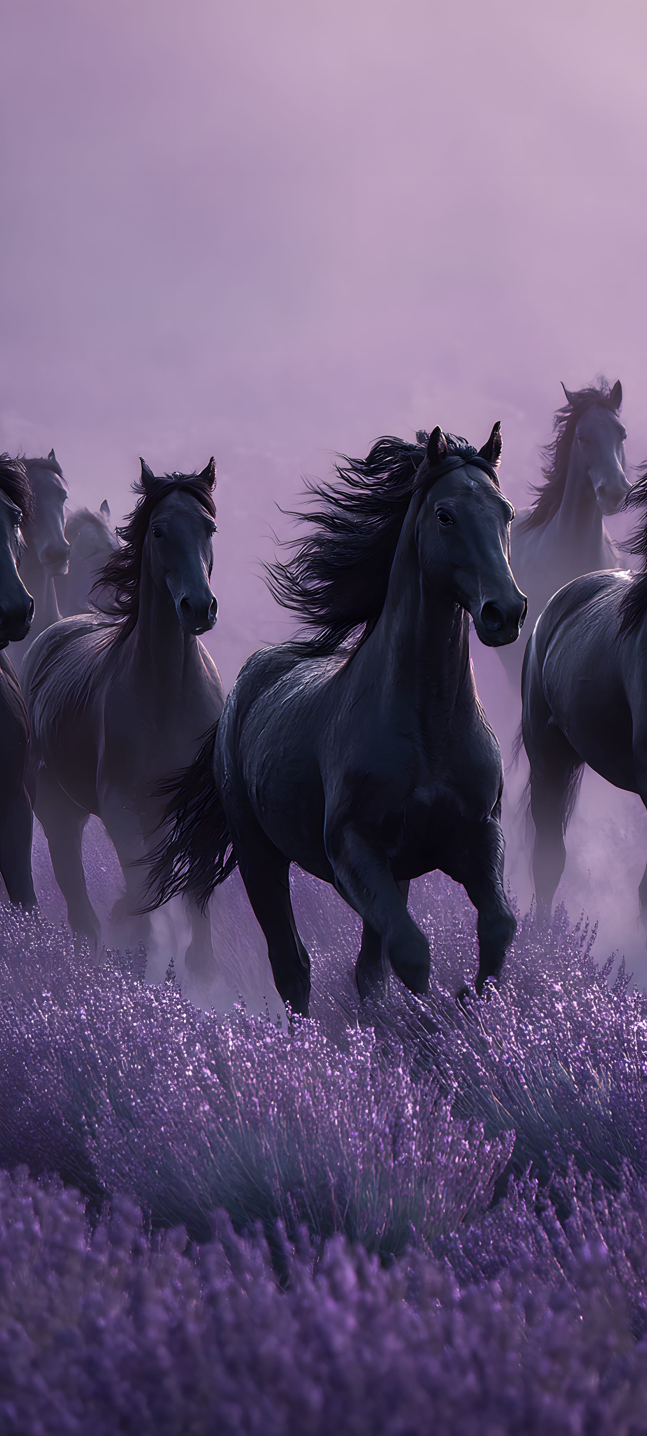 A group of majestic horses galloping through a sea of vibrant lavender fields under a soft purple sky.