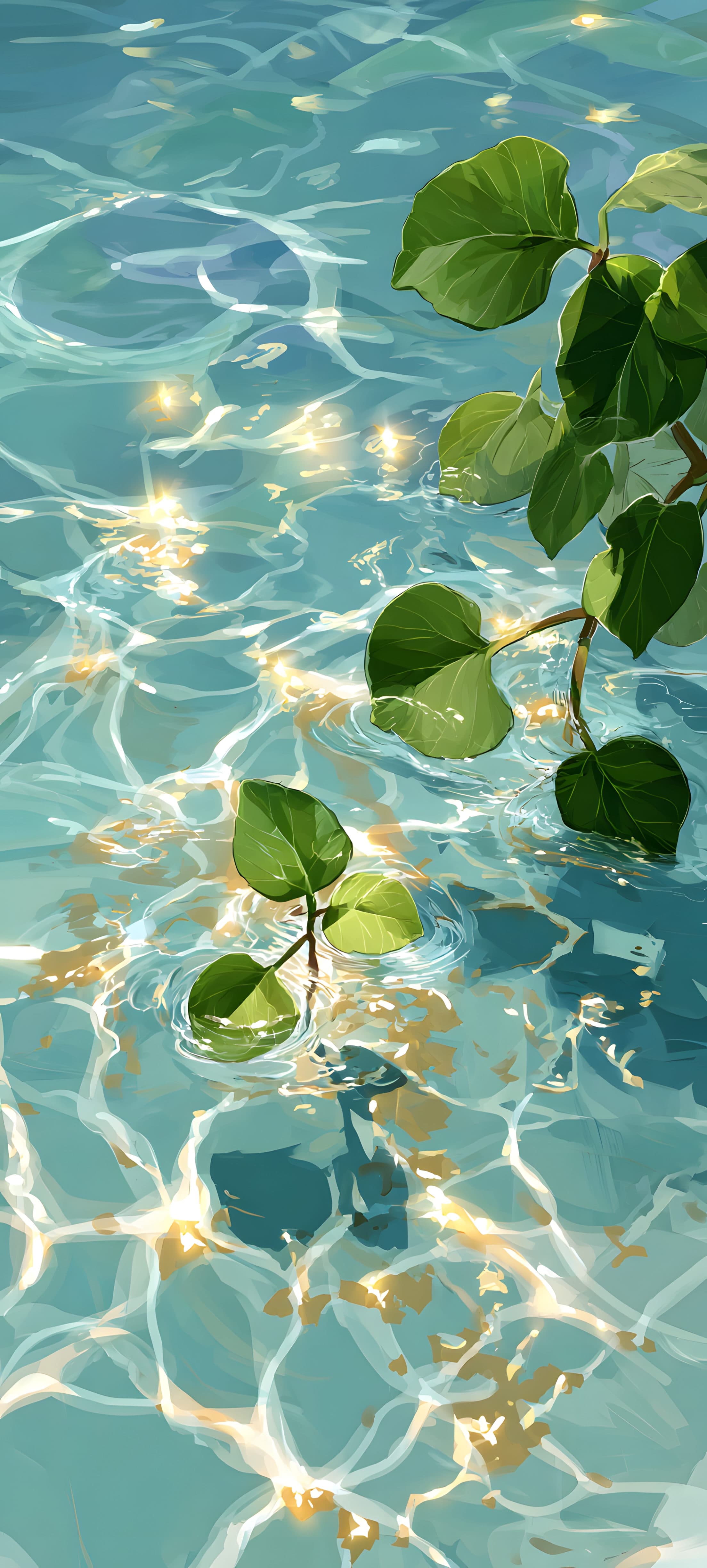 A digital art depiction of a serene water lily pond with vibrant green leaves and shimmering reflections.