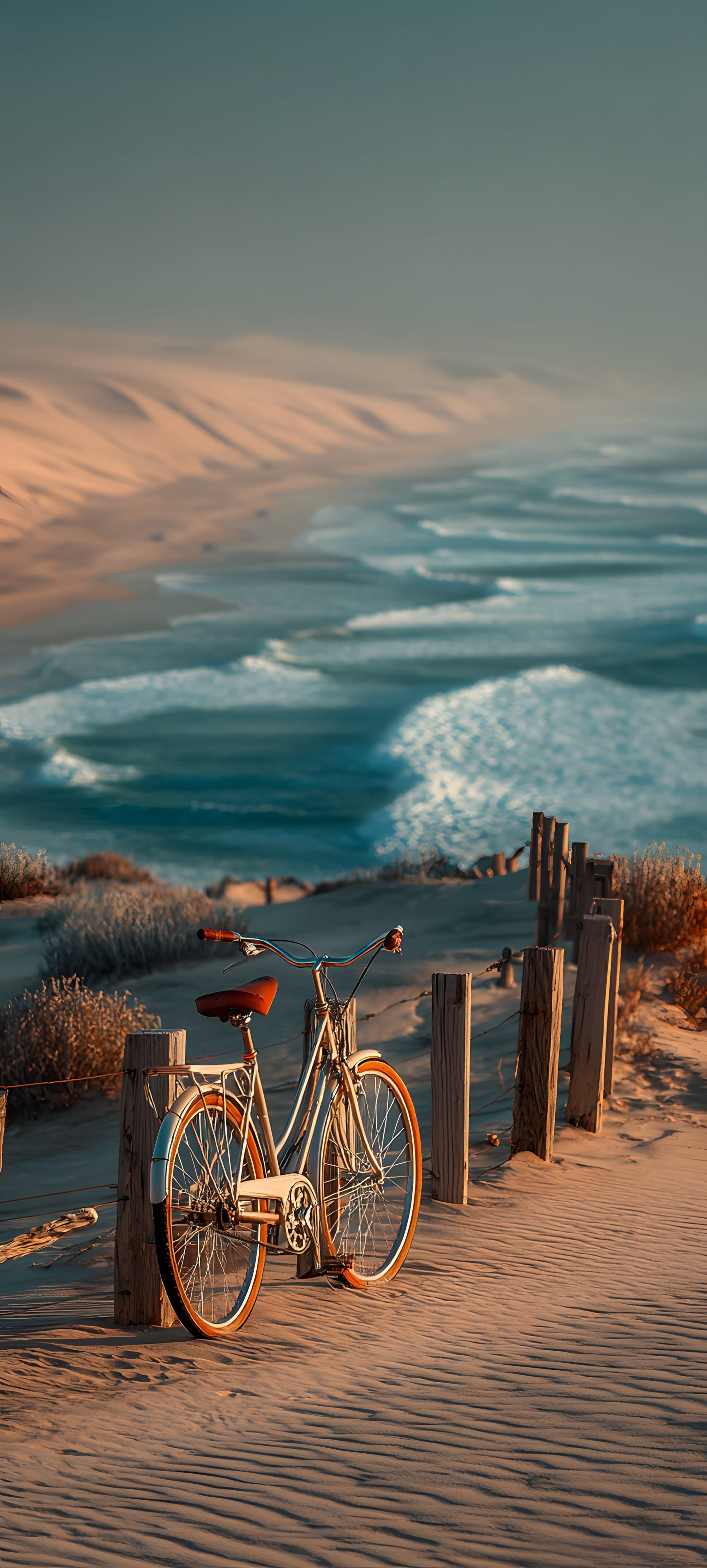A bicycle parked on a sandy path overlooking a serene beach at sunset, with warm golden hues contrasting against cool ocean blues.