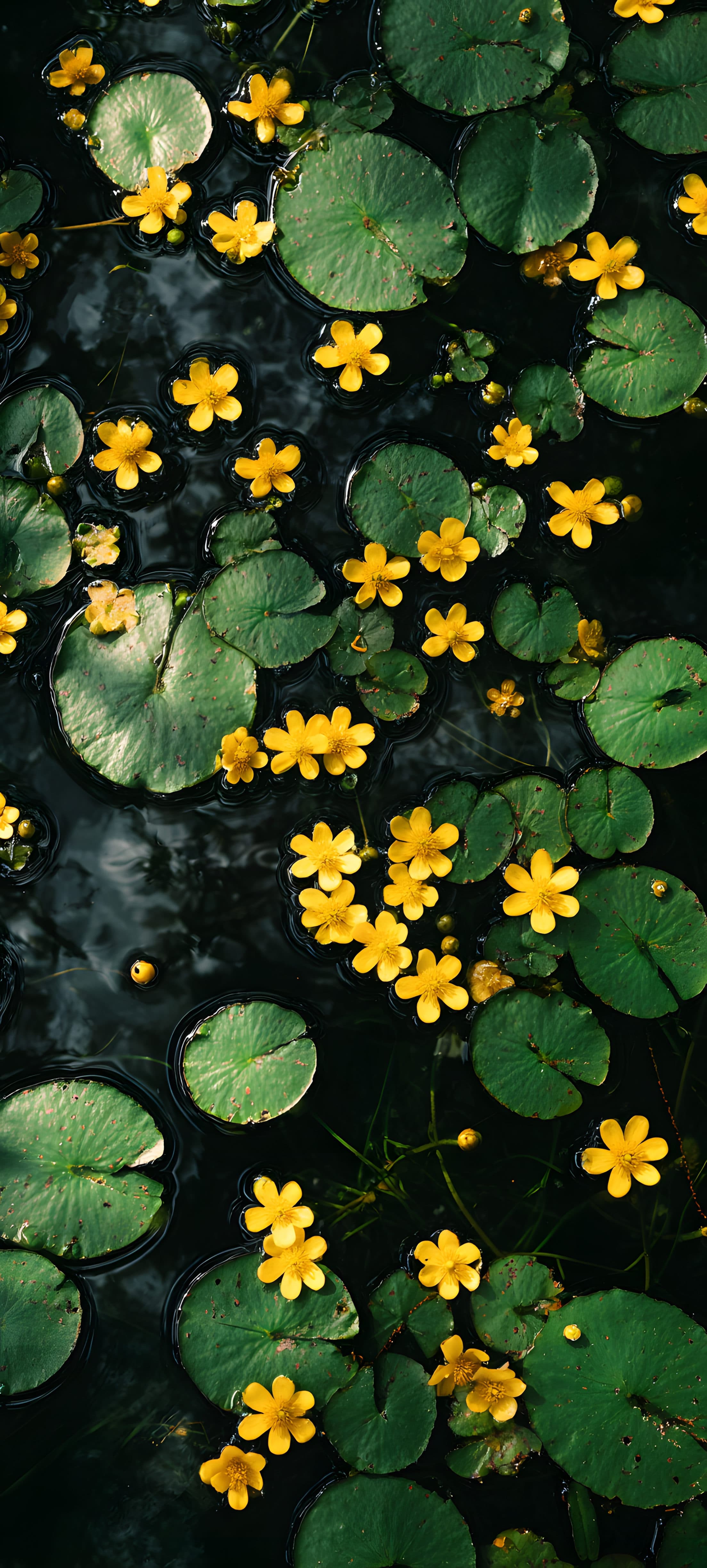 A vibrant pond with lush green lily pads and bright yellow water lilies.
