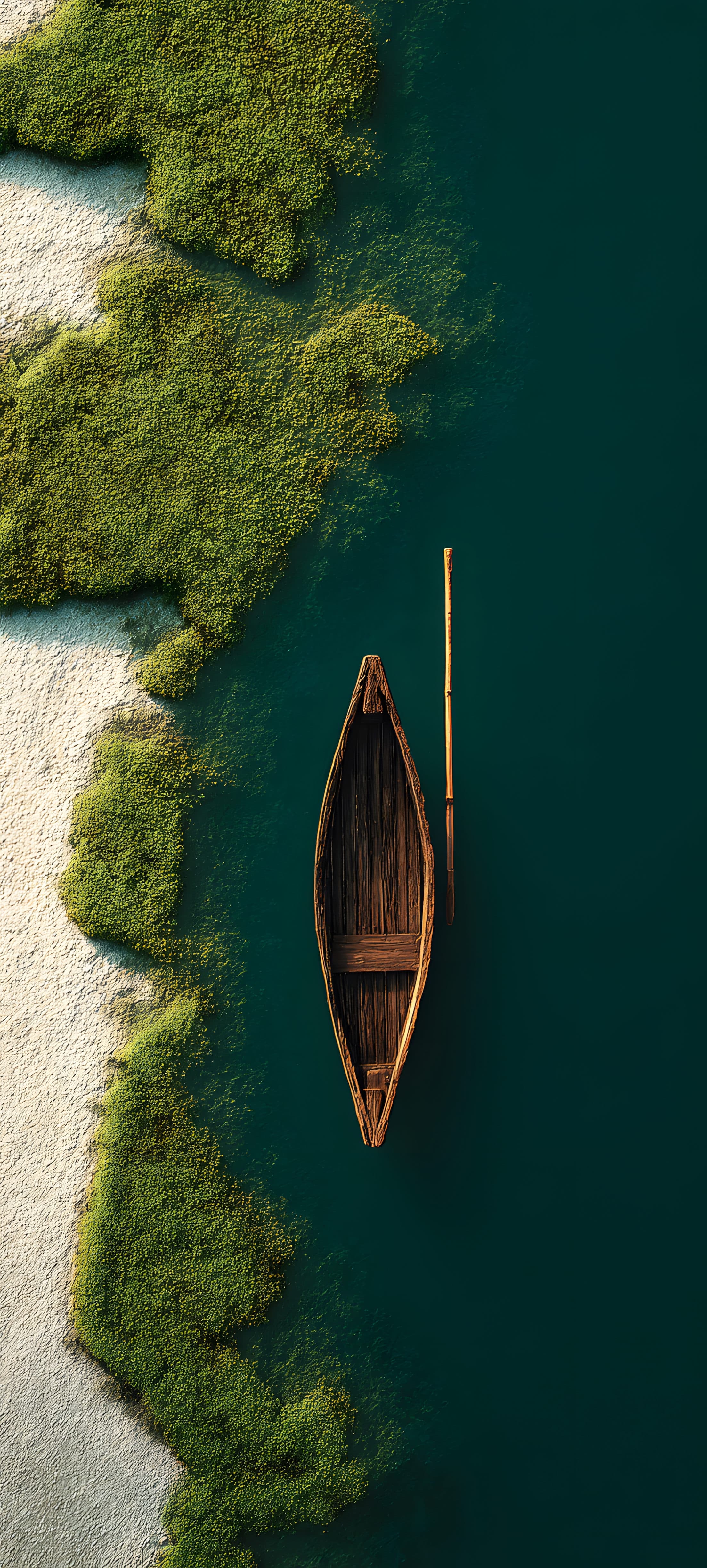 A wooden boat on calm green waters surrounded by lush greenery, nature photography wallpaper
