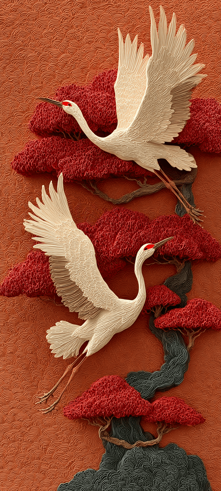 Two cranes among red pine branches, digital art nature wallpaper