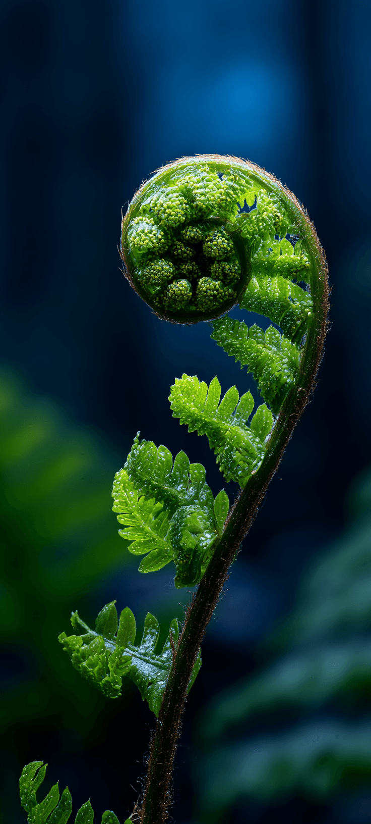 Close-up of a vibrant green fern against a deep blue background, highlighting the intricate details of the plant.