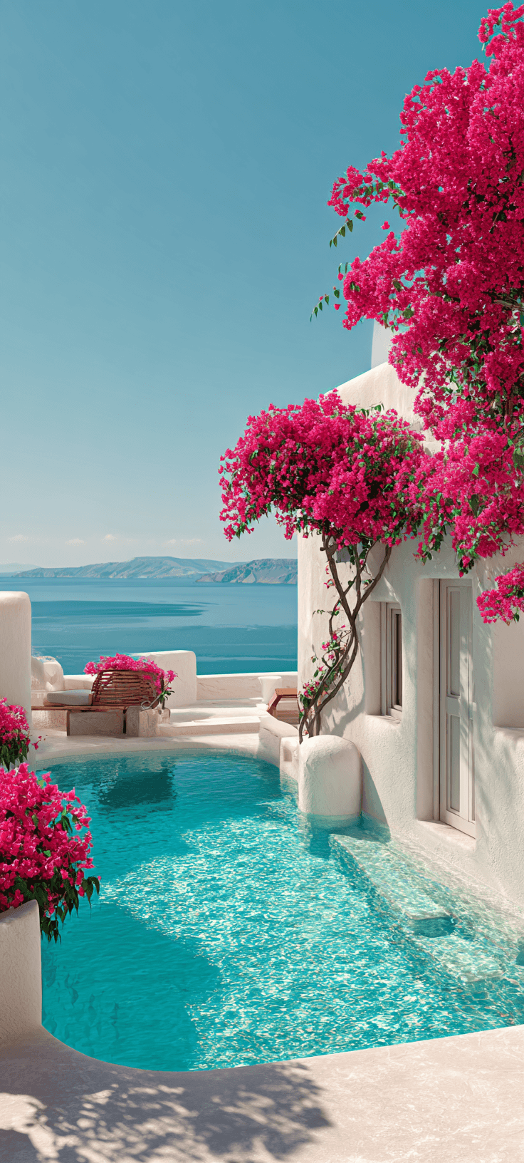 Luxury infinity pool with turquoise water overlooking the Aegean Sea, pink bougainvillea and white Santorini-style buildings, aesthetic mobile wallpaper