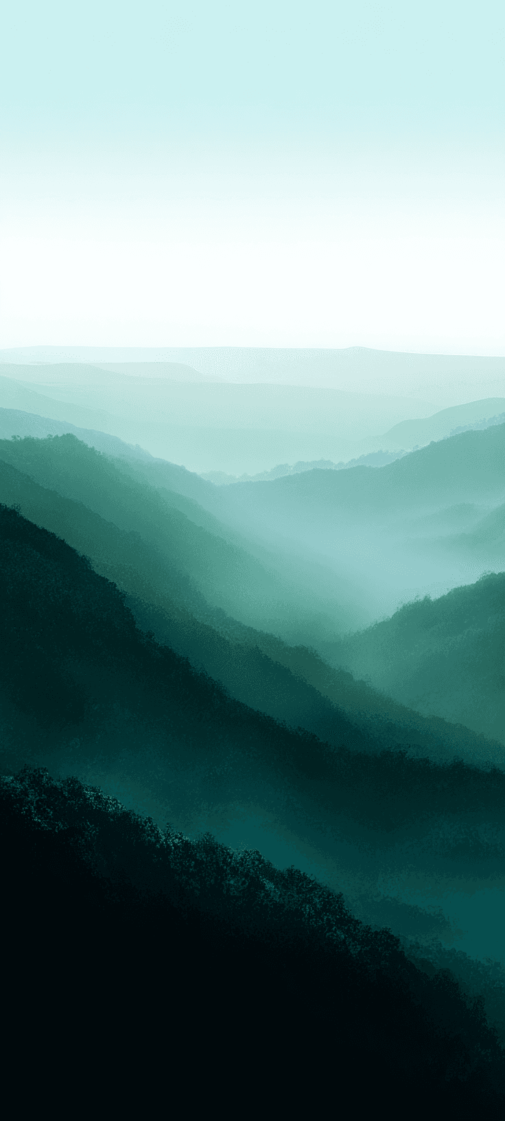Minimalist layered misty green mountains fading into soft fog with serene turquoise sky, aesthetic 4K mobile wallpaper