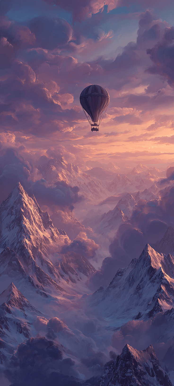 Hot air balloon flying over snow-covered mountains during a colorful sunrise, digital art wallpaper