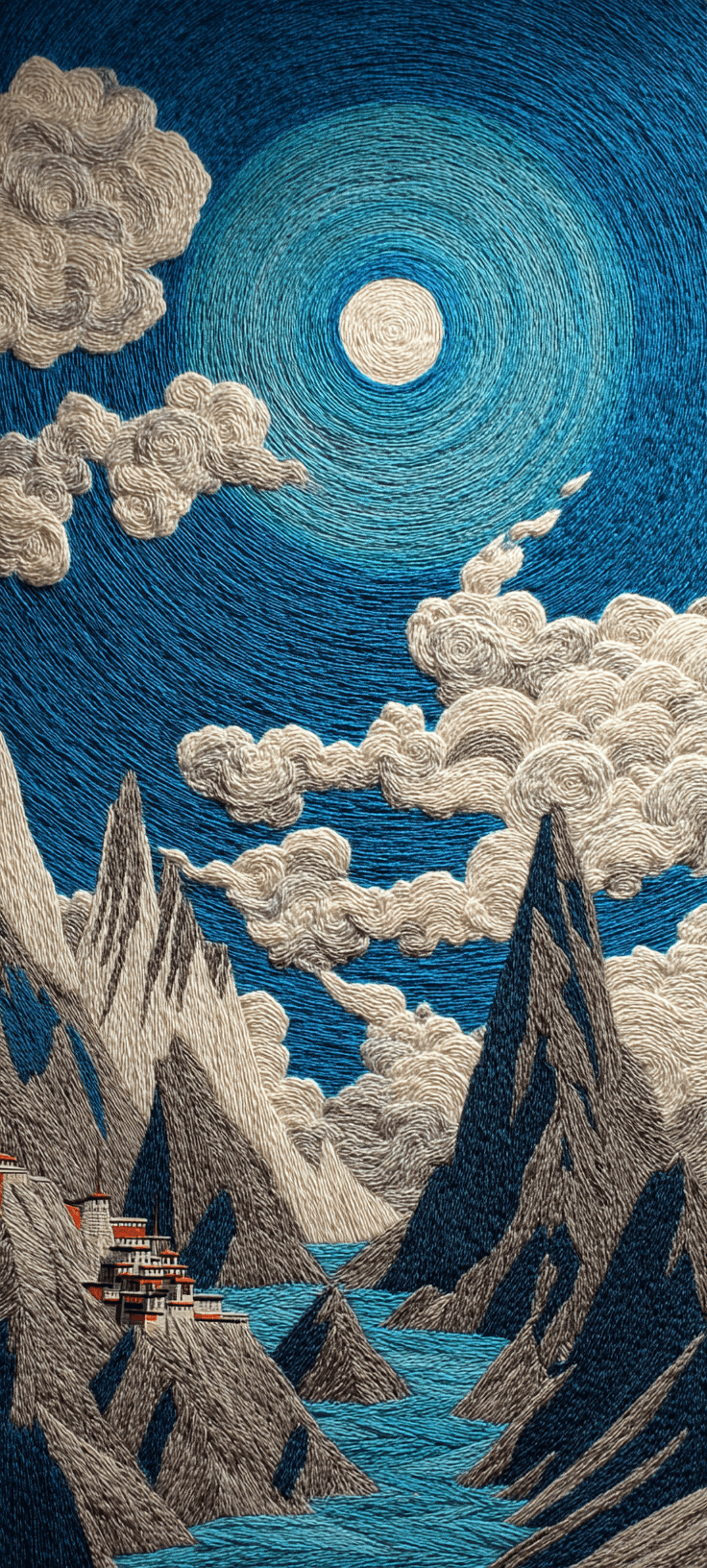 A digital art depiction of a mountain landscape under a starry night sky with a glowing moon and white clouds.