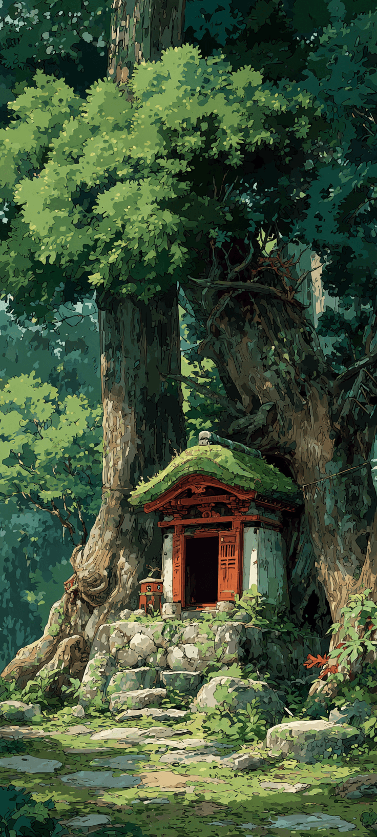 A lush, hand-painted anime-style illustration of a small red and white Shinto shrine with a mossy roof, tucked between two massive ancient trees in a sun-dappled green forest.