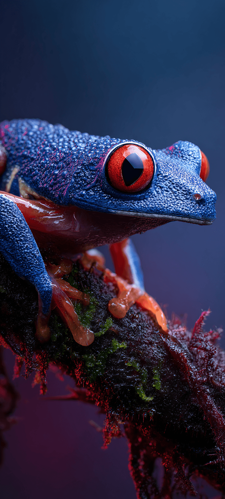 Vibrant blue frog with red eyes on a mossy branch, high-resolution nature digital art