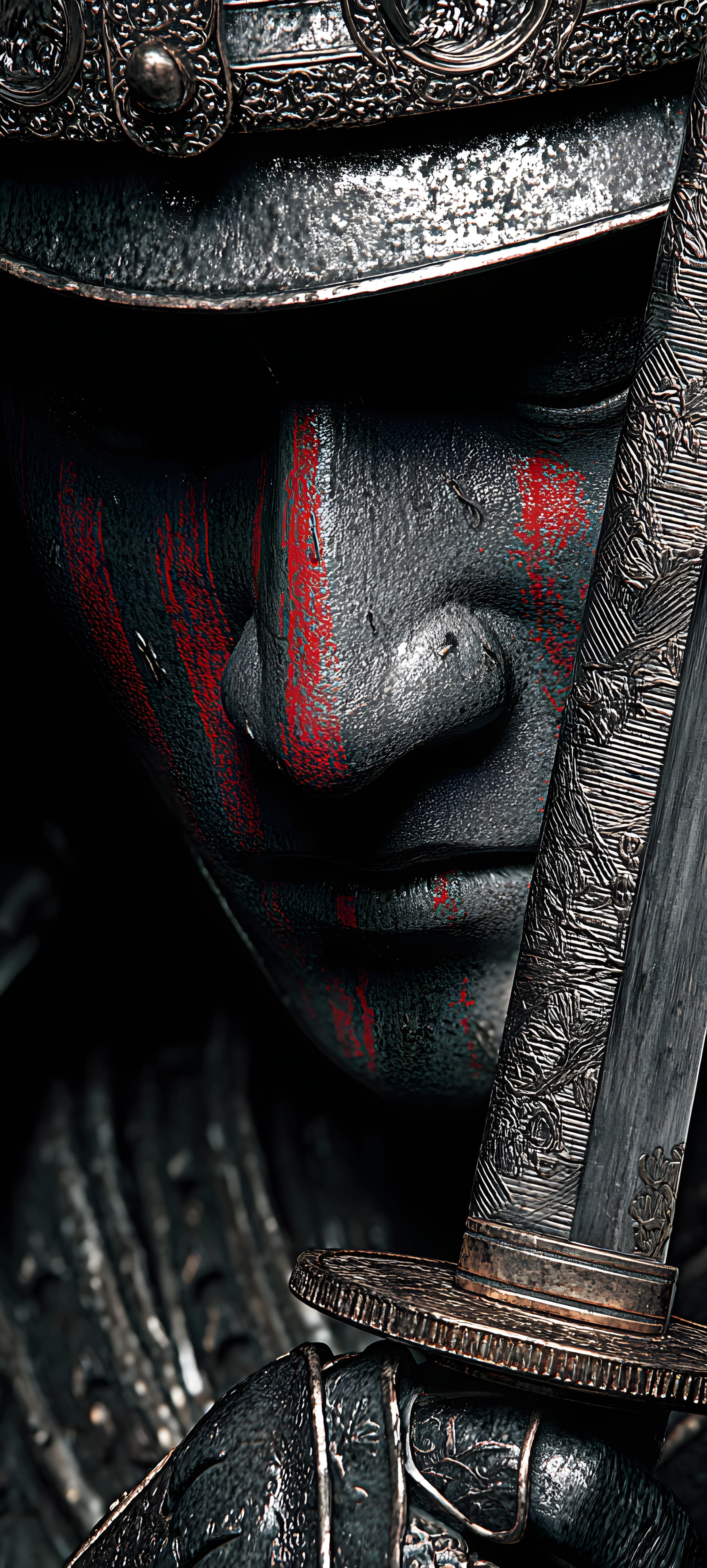 Close-up of a dark samurai warrior with red face paint, wearing a detailed helmet and armor, creating a dramatic and intense visual.