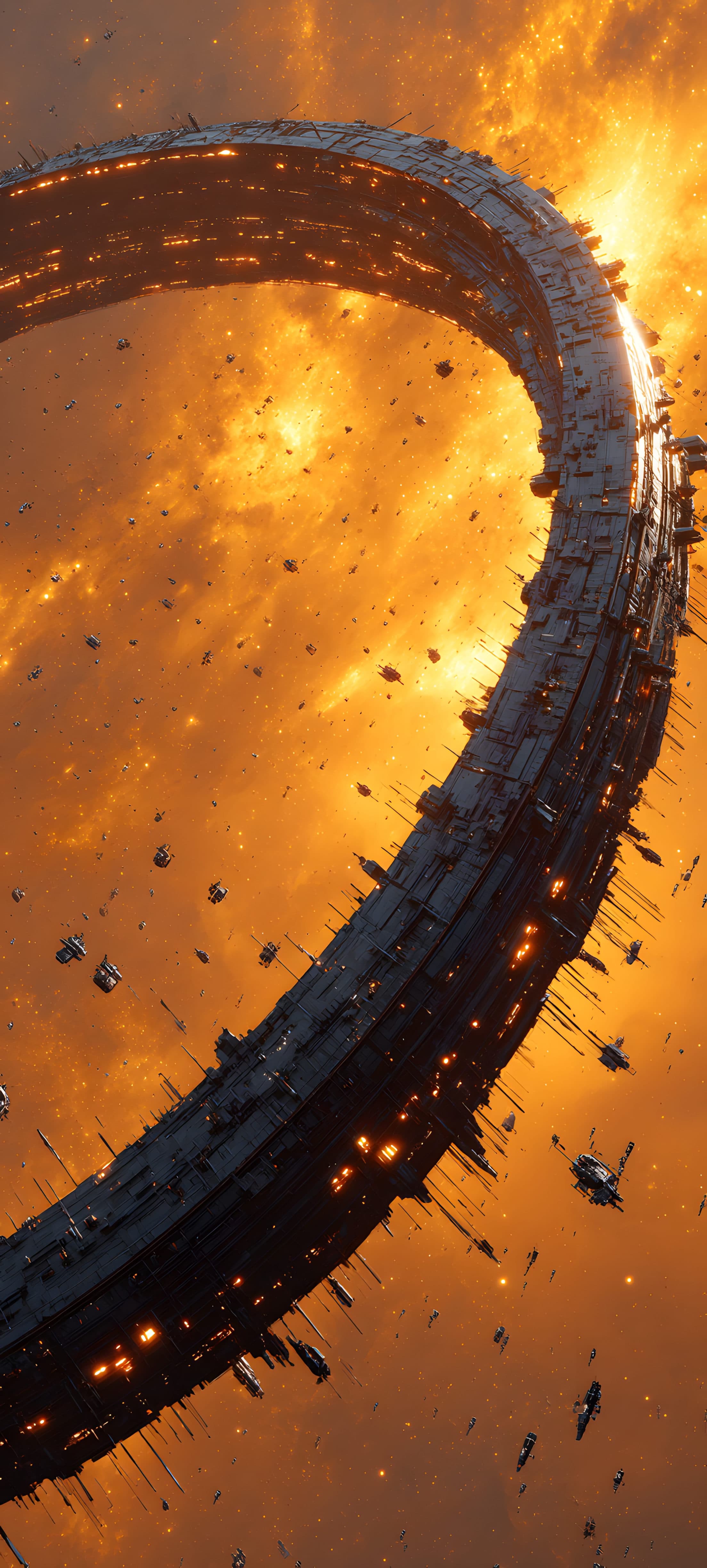 A futuristic ring space station orbiting a fiery sun, surrounded by floating debris in a dramatic sci-fi scene.