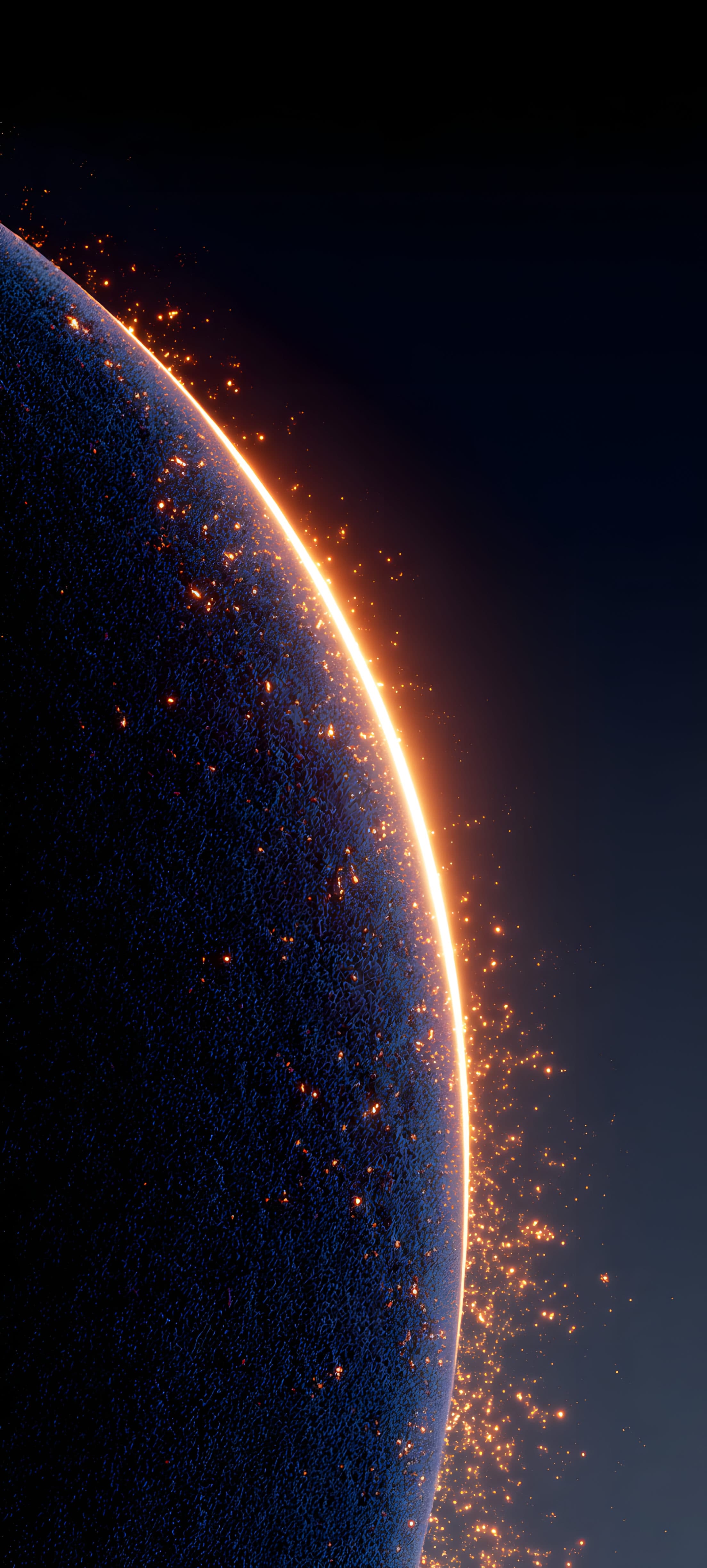 A digital artwork of a cosmic blue planet with a glowing ring of stars against a dark background, perfect for mobile wallpapers.