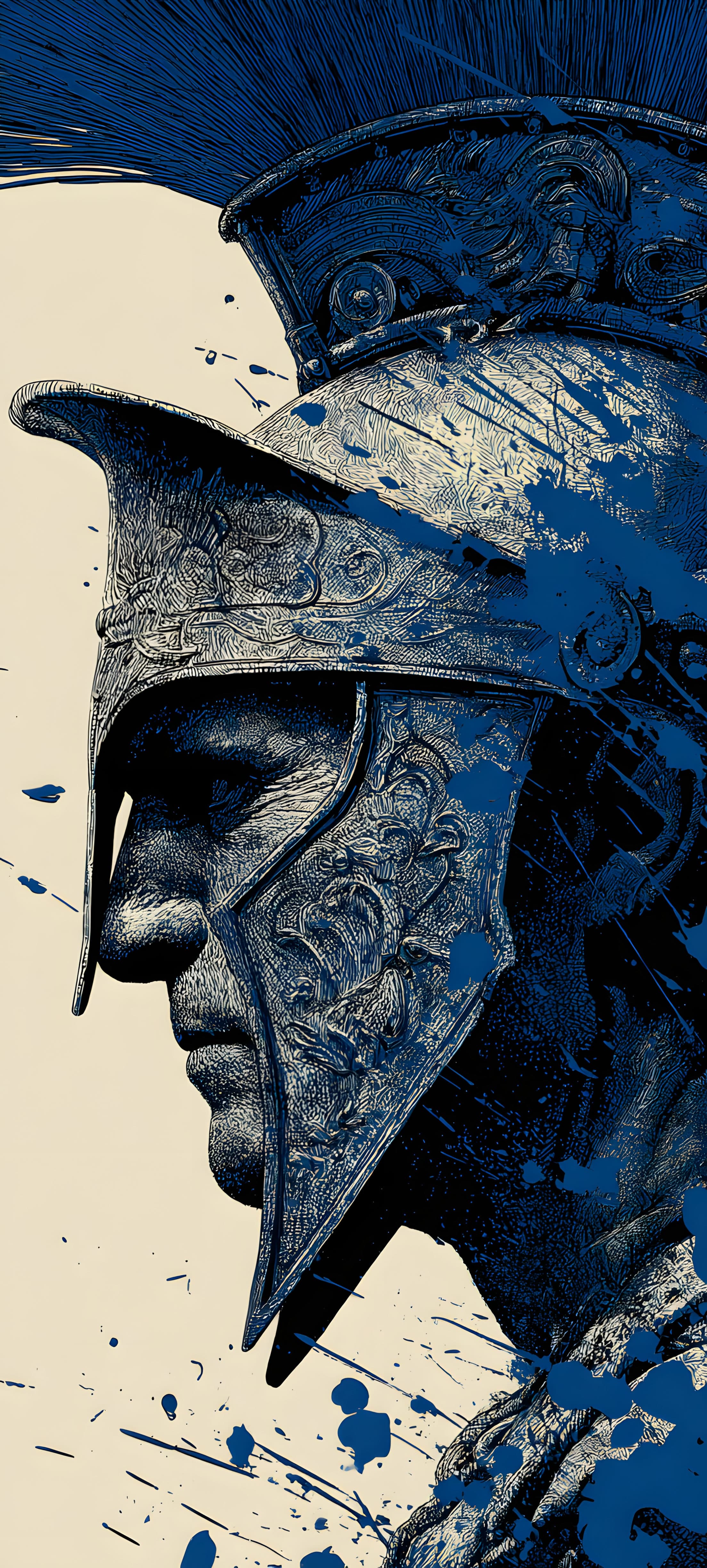 A detailed blue Spartan helmet with a textured, weathered appearance, evoking ancient Greek warrior imagery.