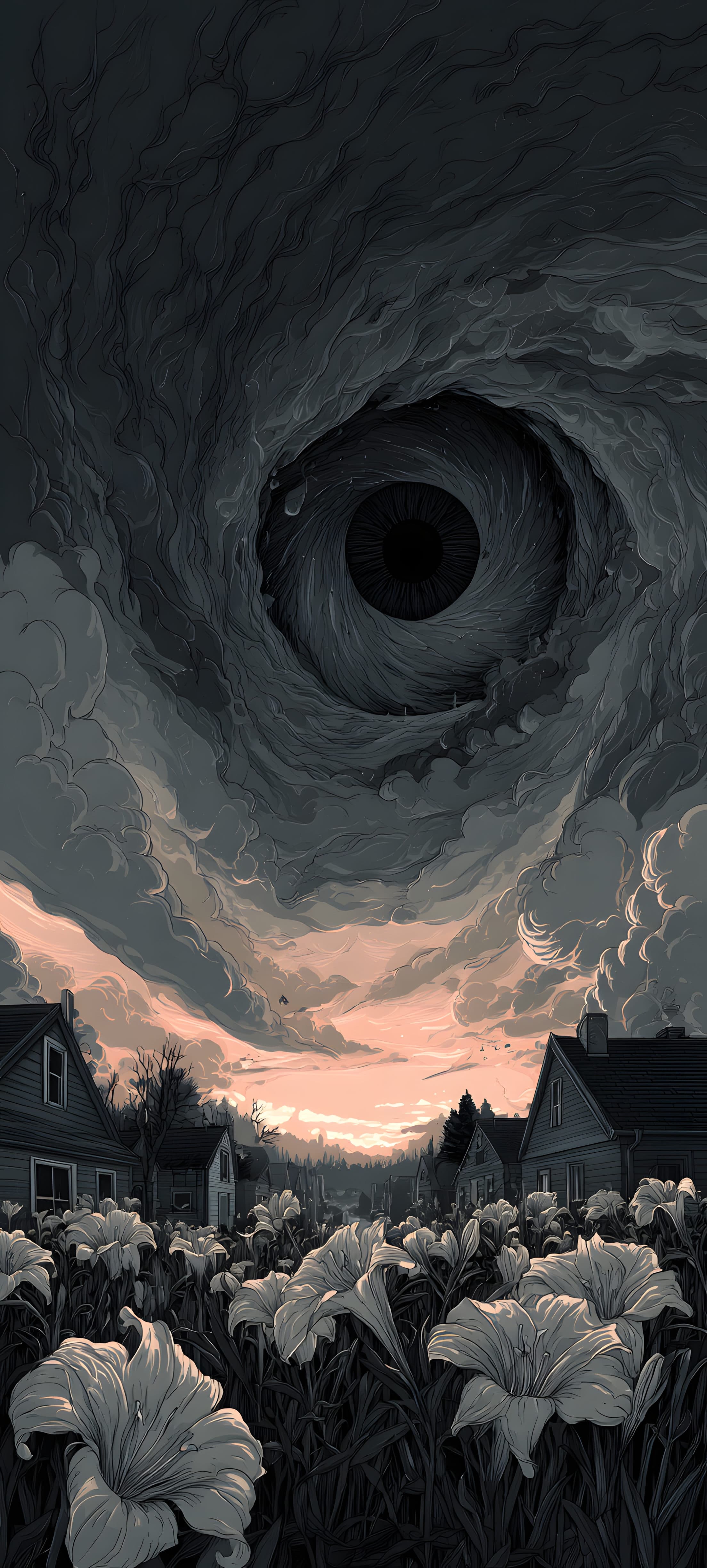 Surreal eye in a stormy sky with white flowers, dark fantasy digital art