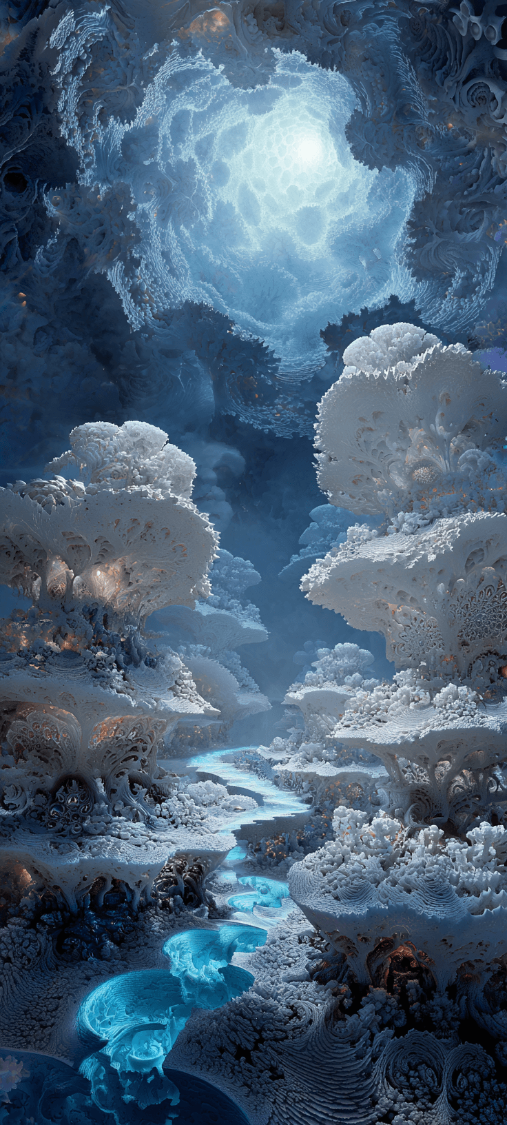 A vertical digital art piece showing a majestic underwater city carved into towering white fractal coral formations with a luminous blue river flowing through the center under a glowing surface light.