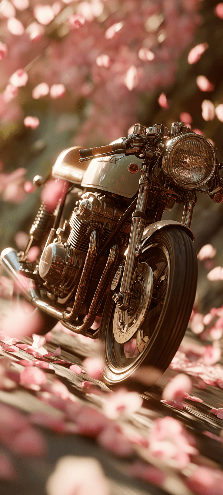 A vintage motorcycle surrounded by pink cherry blossoms, creating a romantic and nostalgic scene.
